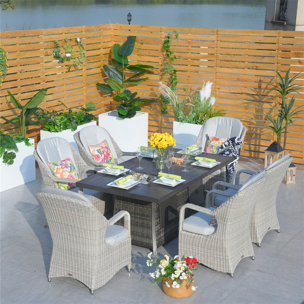 6 Seats Rectangular Patio Firepit Table in Brown with Semi-circular Rattan Chairs