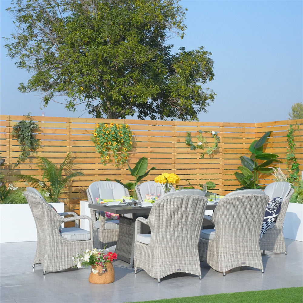 6 Seats Rectangular Patio Firepit Table in Brown with Semi-circular Rattan Chairs