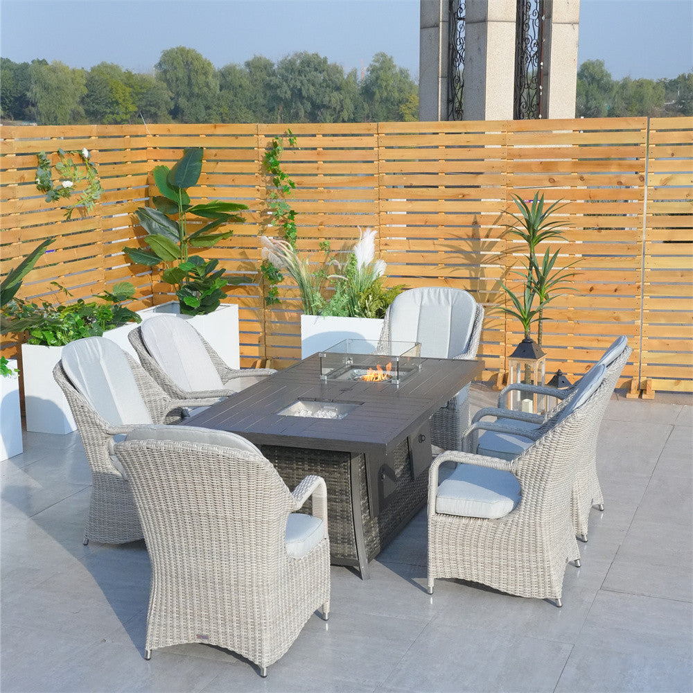 6 Seats Rectangular Patio Firepit Table in Brown with Semi-circular Rattan Chairs