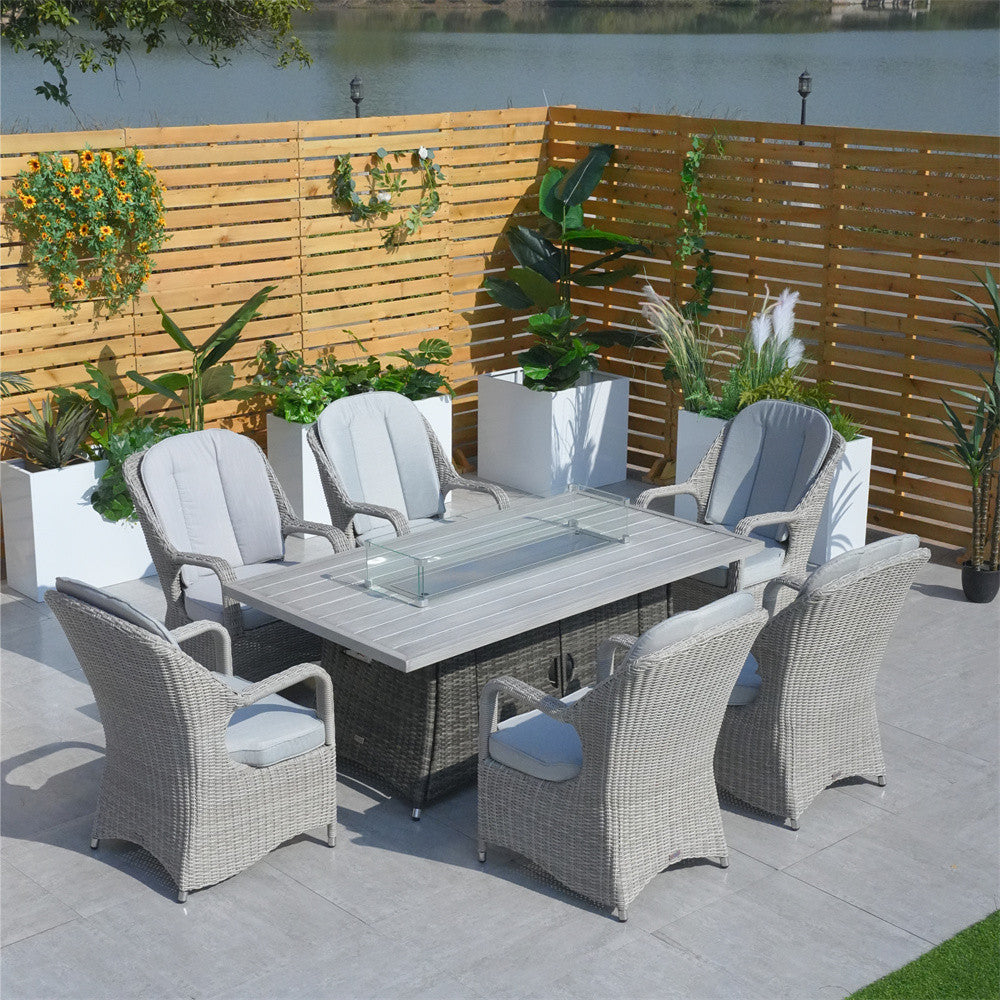 6 Seats Rectangular Patio Firepit Table with Semi-circular Rattan Chairs