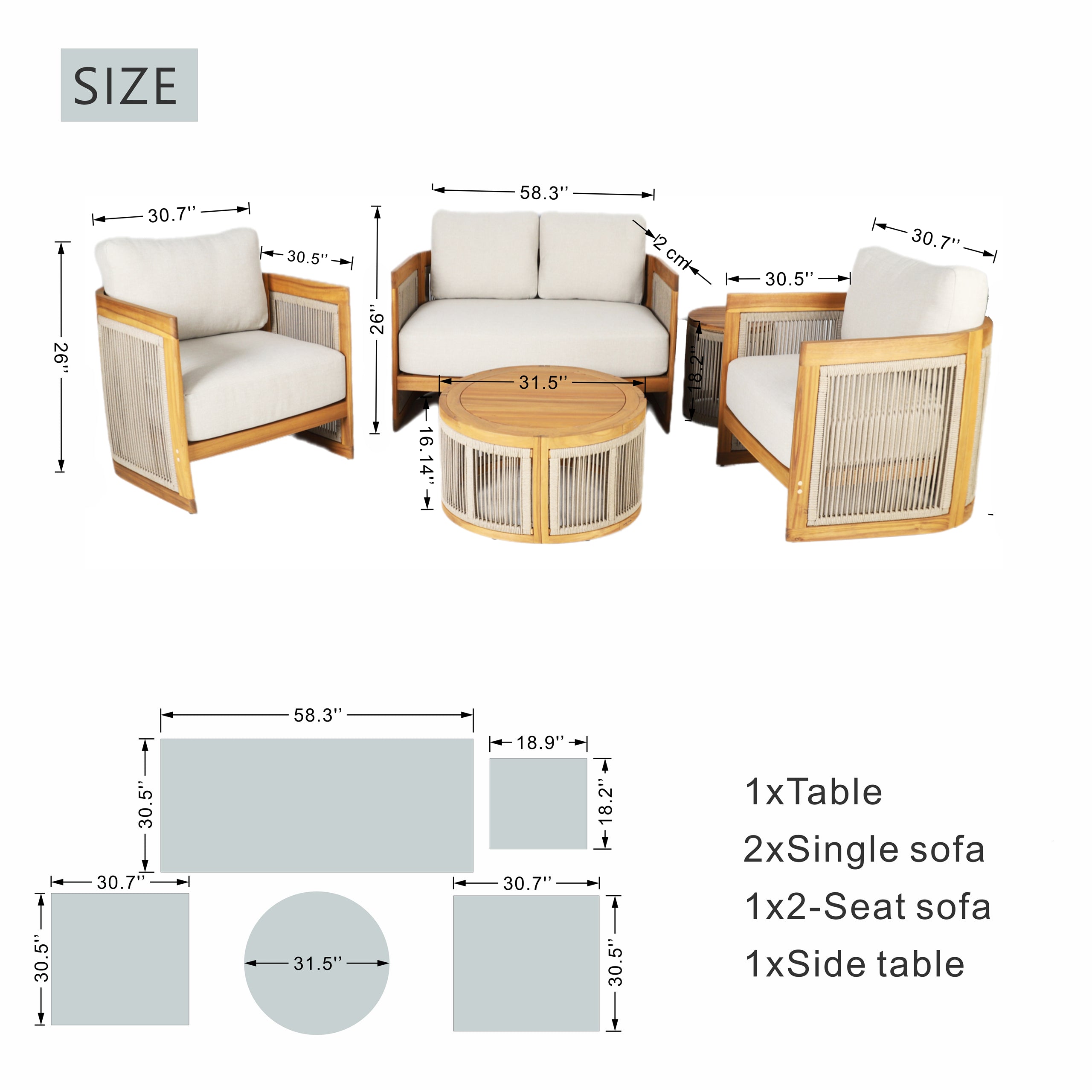Solid Acacia 4-Seat Sofa Set with Round Coffee Table (PAS-2515-2SS+SSx2+RTA)