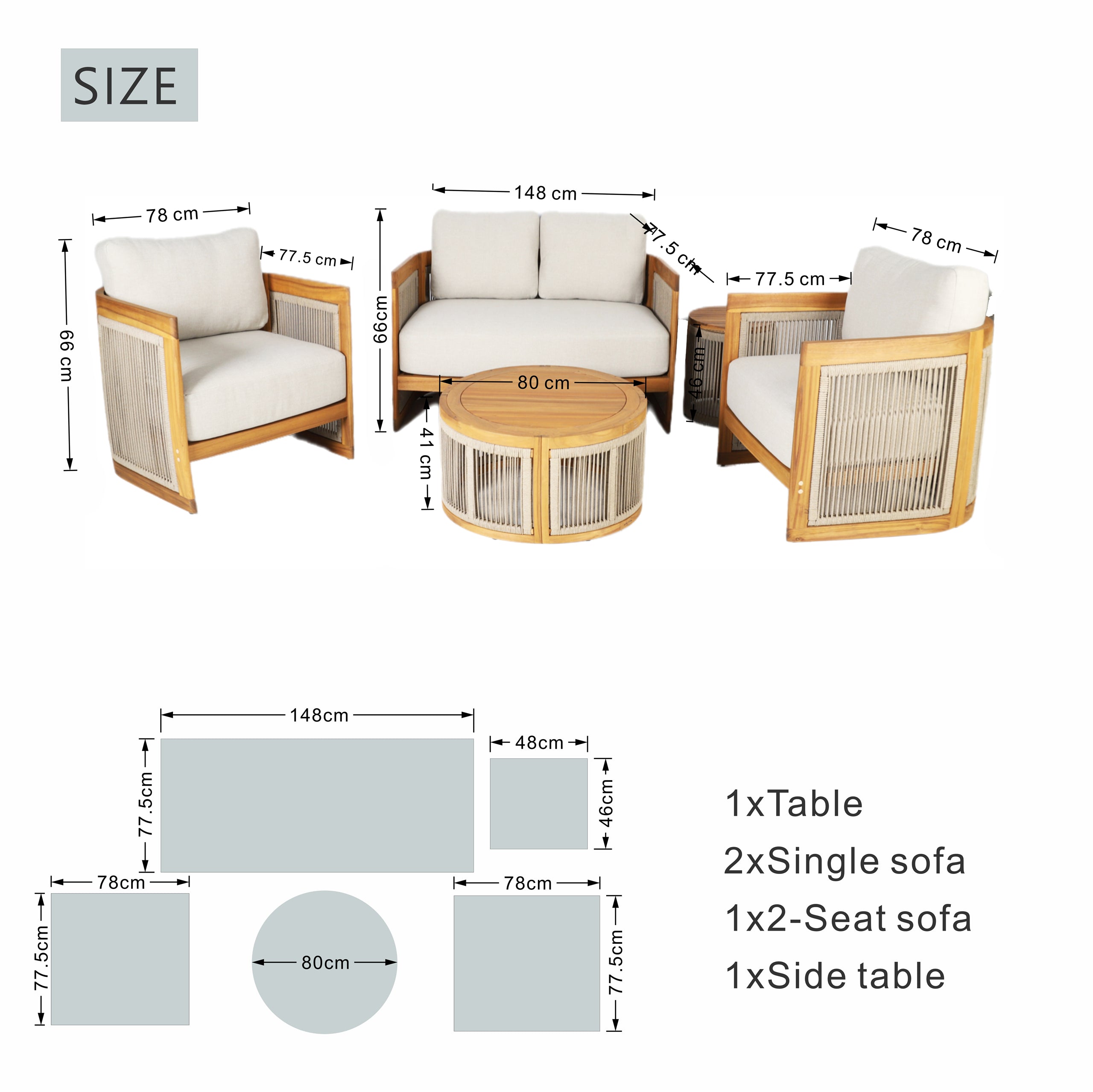 Solid Acacia 4-Seat Sofa Set with Round Coffee Table (PAS-2515-2SS+SSx2+RTA)