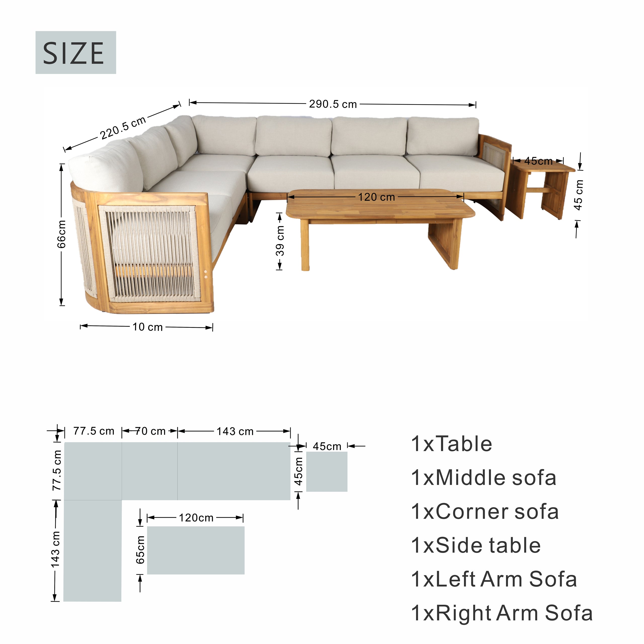 L-Shape 5-Seat Solid Acacia Sectional Sofa Set with Side & Rectangle Coffee Table (PAS-2516-LS+MS+CS+RS+PAS-2515-ST+TA)