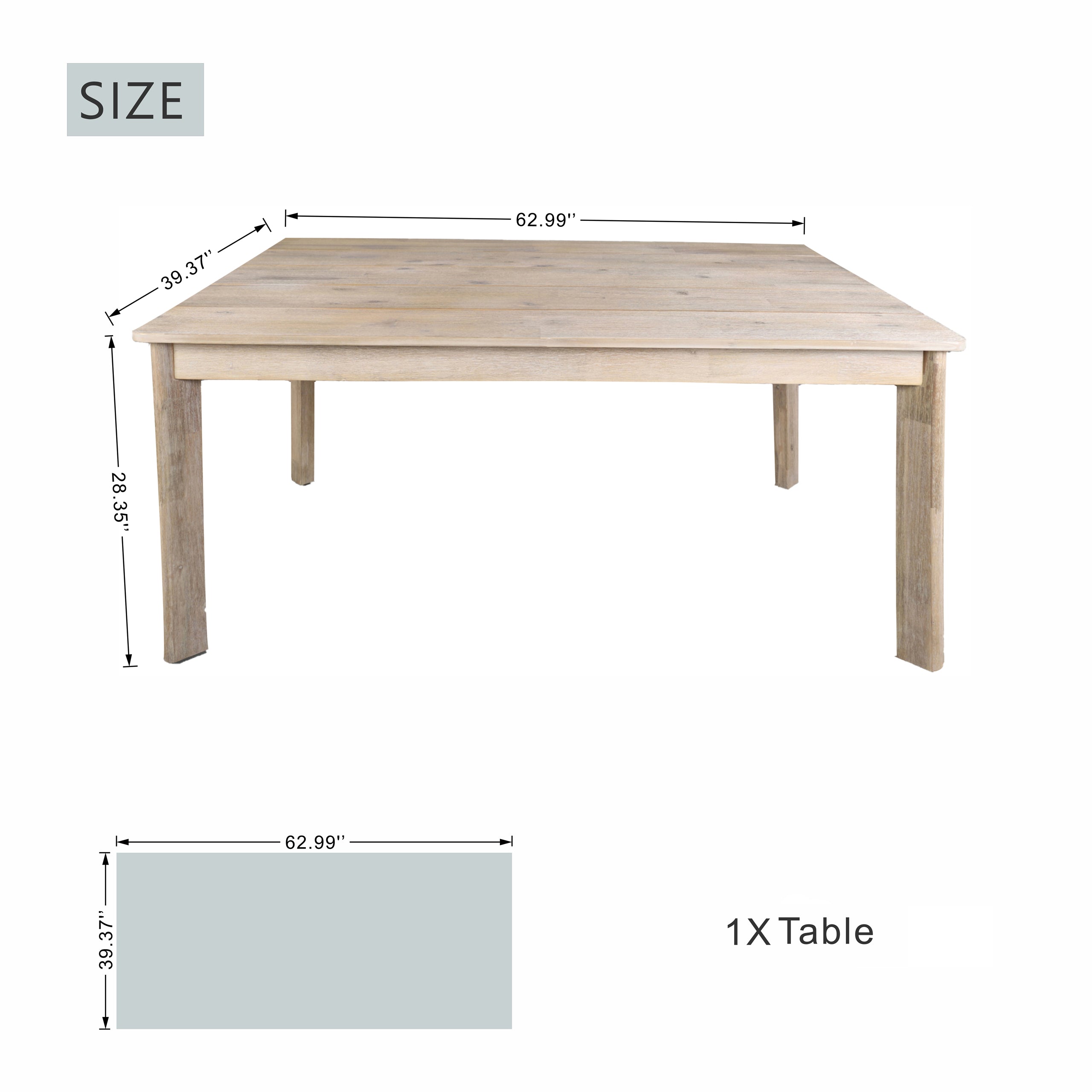 Solid Acacia Wood Dining Table – 63" Rectangular Table for Indoor & Outdoor Use