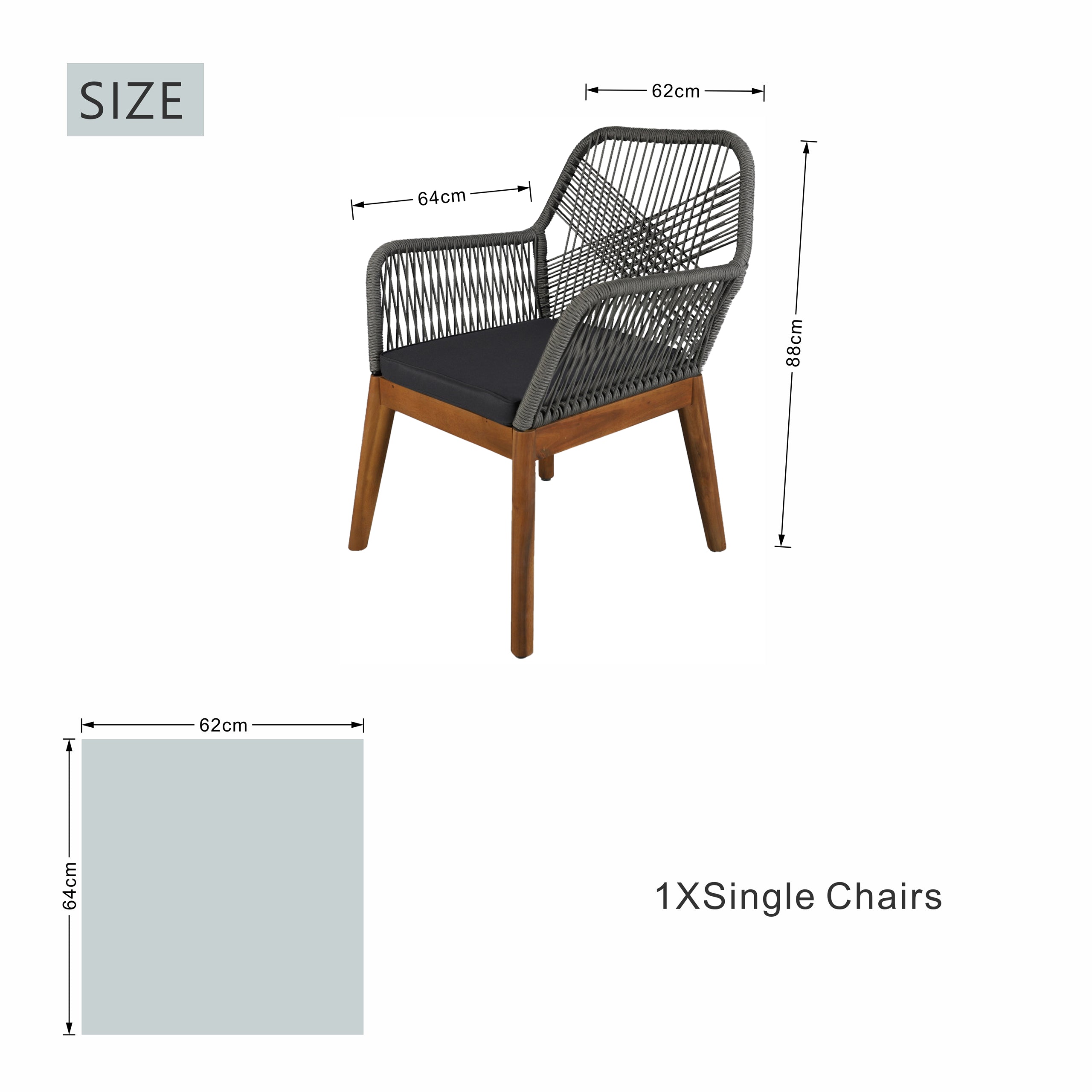 2-Pack Solid Acacia Wood Armchairs with Cushions – Indoor/Outdoor Dining Chairs