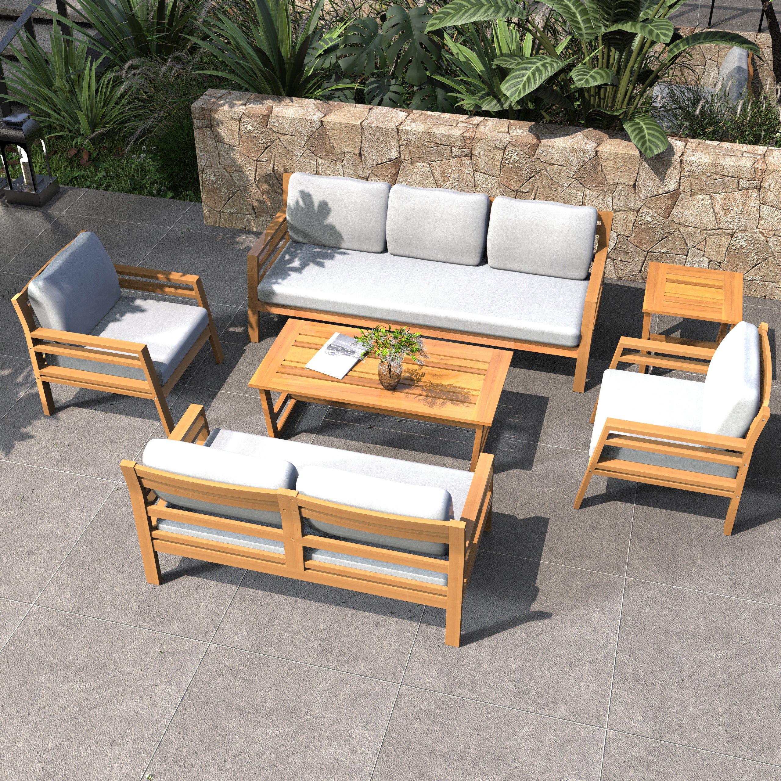 Rebel 5-Seat Wood Patio Conversation Set with Footstool (PAS-2520-3SC+SC*2+TA+ST)