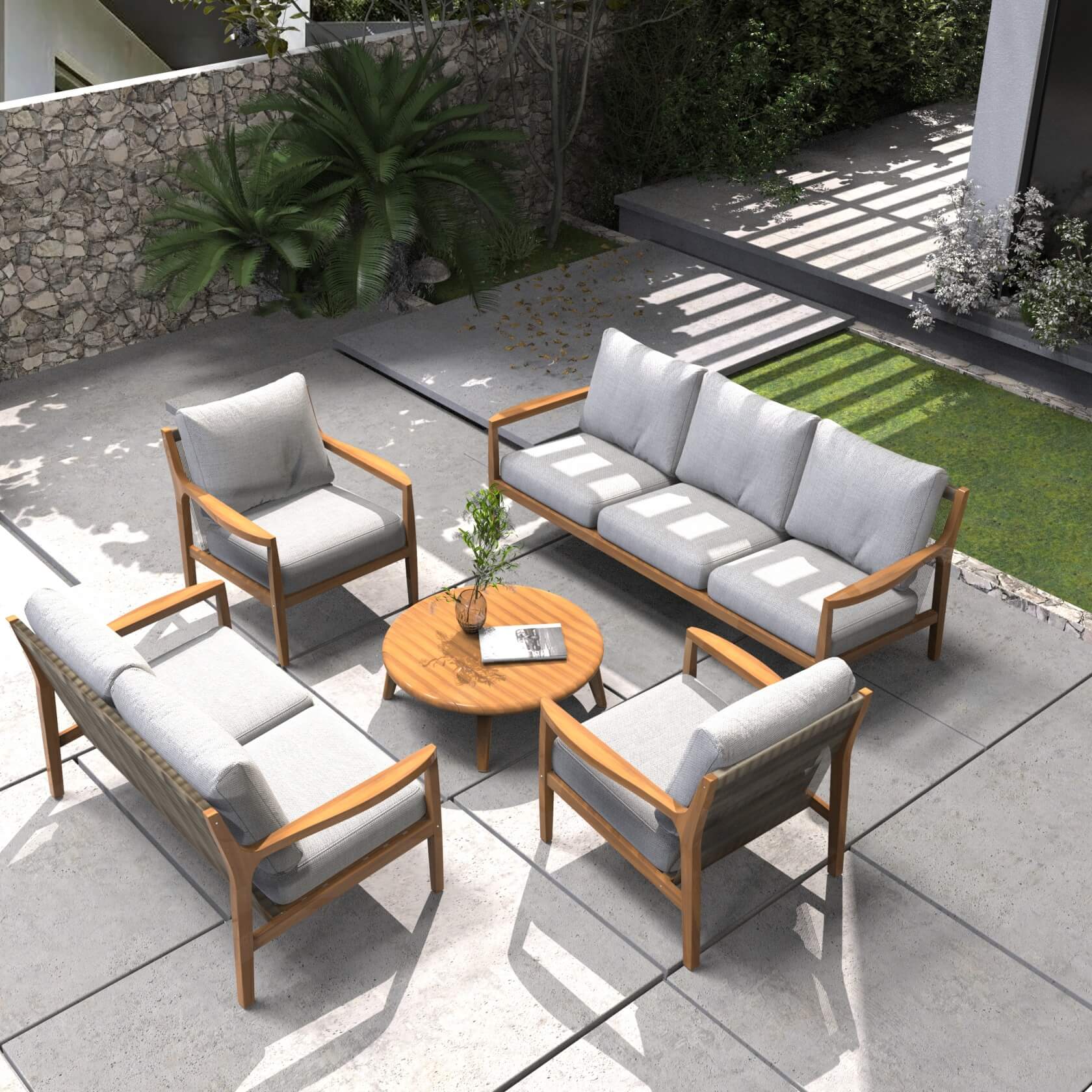 Rebel 7-Seat Wood Patio Conversation Set (PAS-2513-3SC+2SC+SC*2+TA)