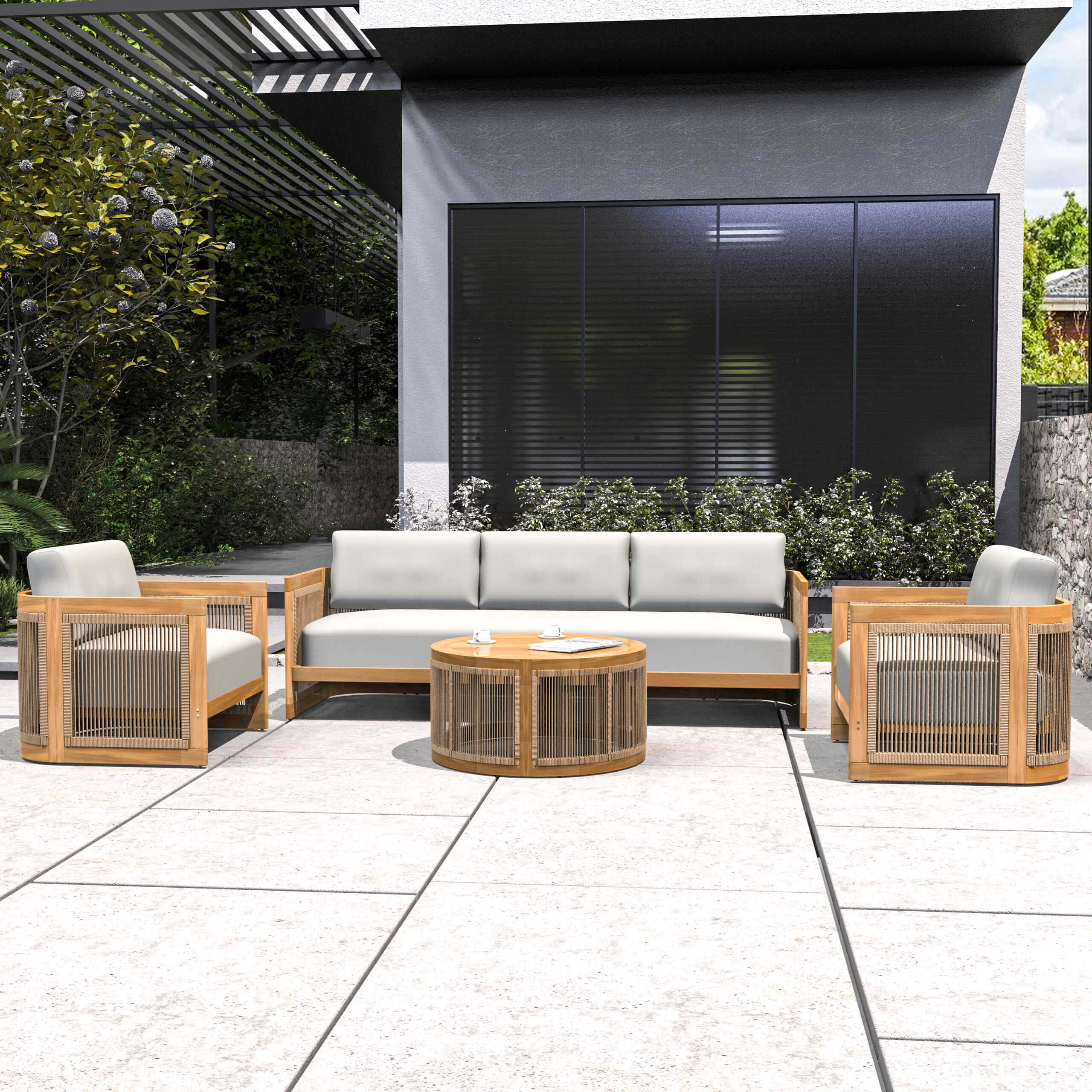 Solid Acacia 5-Seat Sofa Set with Round Coffee Table (PAS-2515-3SS+SSx2+RTA)