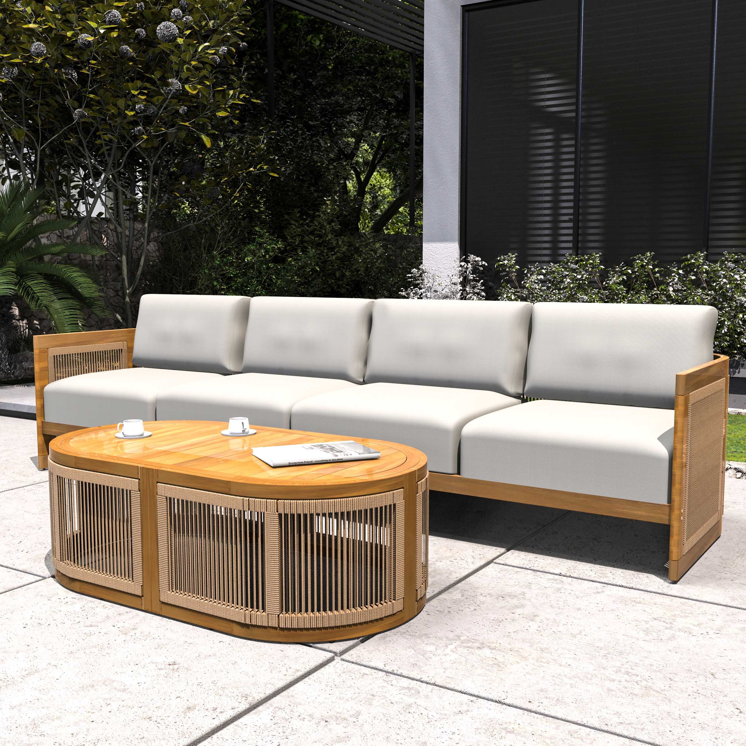 Solid Acacia 4-Seat Sofa with Oval Coffee Table (PAS-2516-LS+RS+OTA)