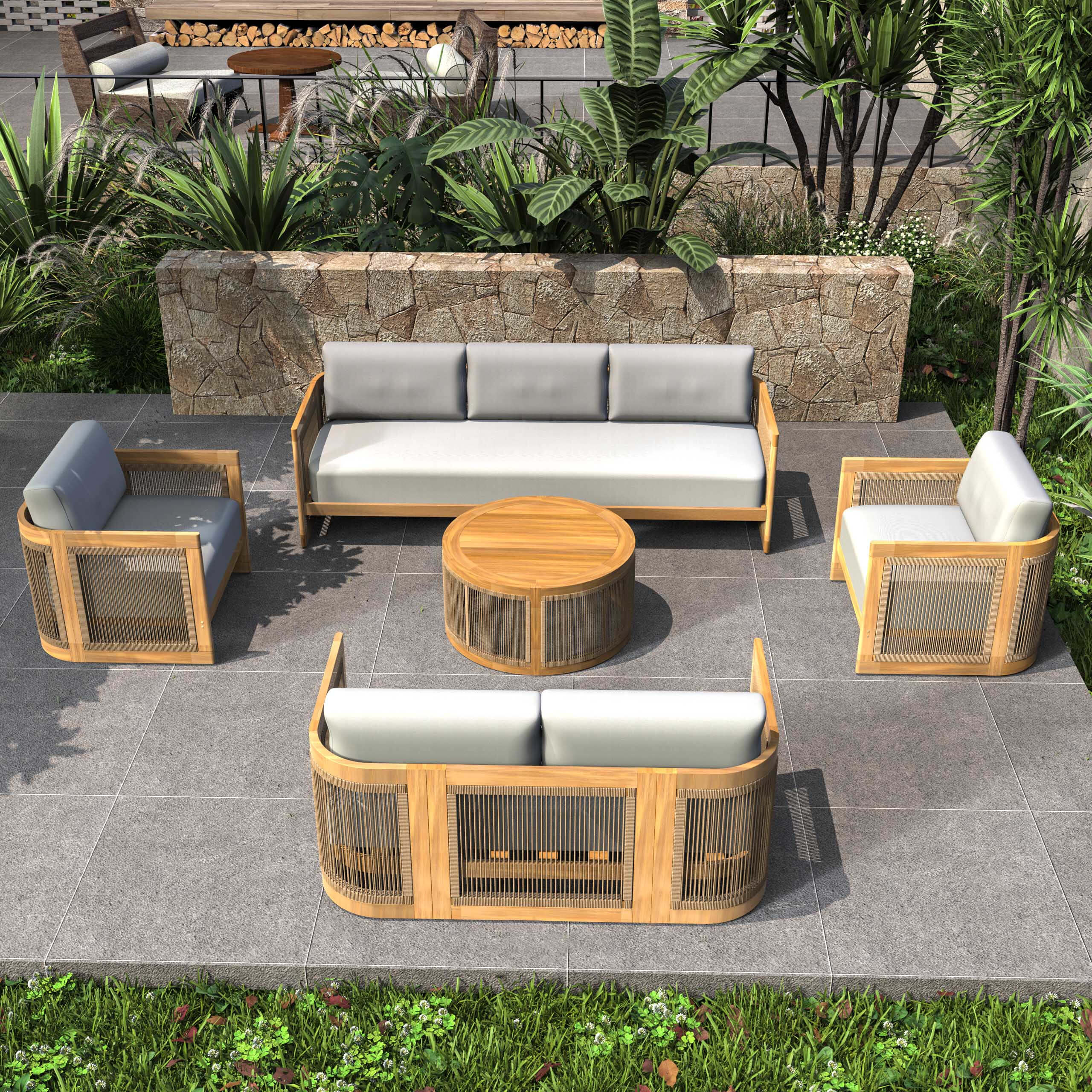 Solid Acacia 7-Seat Sofa Set with Round Coffee Table (PAS-2515-3SS+2SS+SSx2+RTA)
