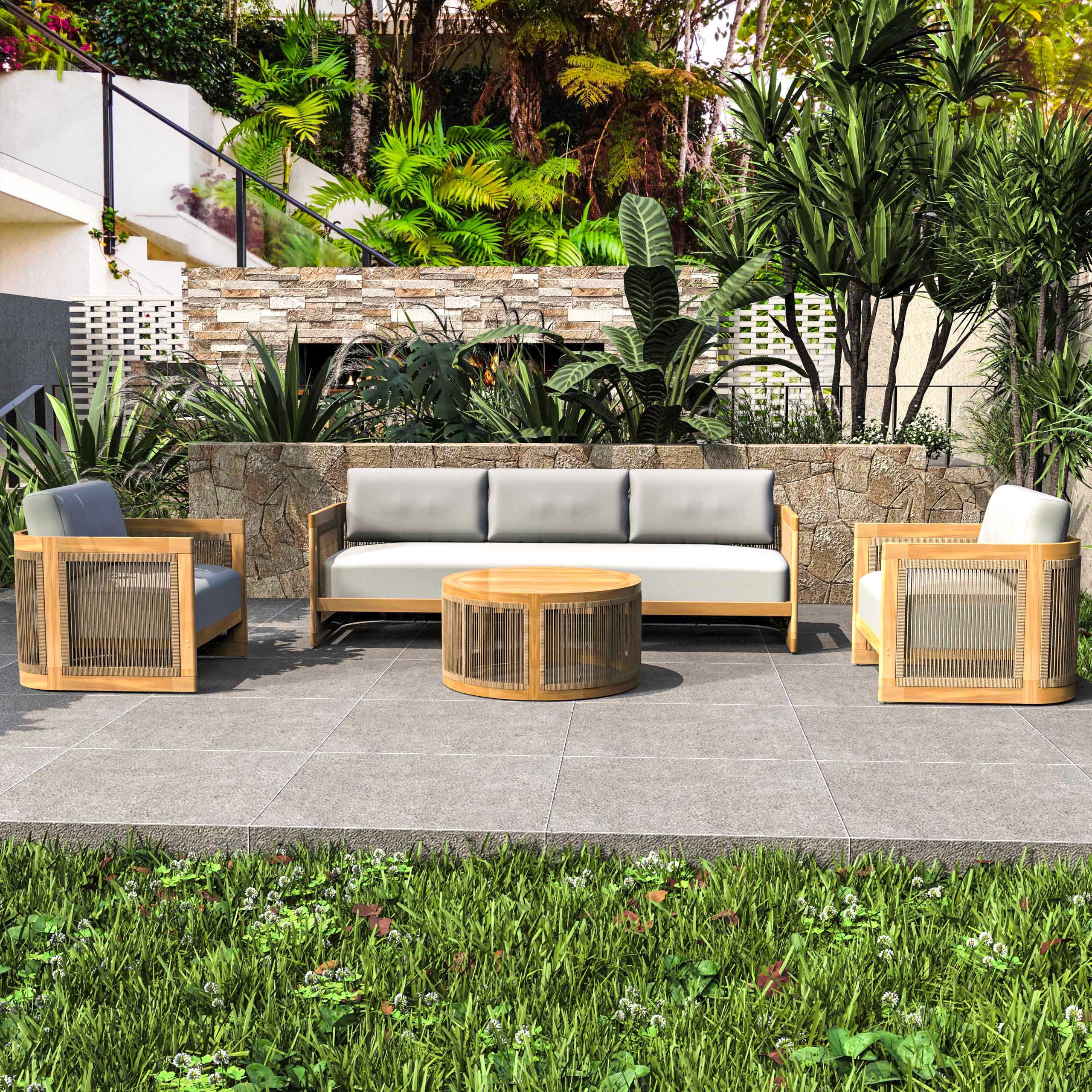 Solid Acacia 5-Seat Sofa Set with Round Coffee Table (PAS-2515-3SS+SSx2+RTA)