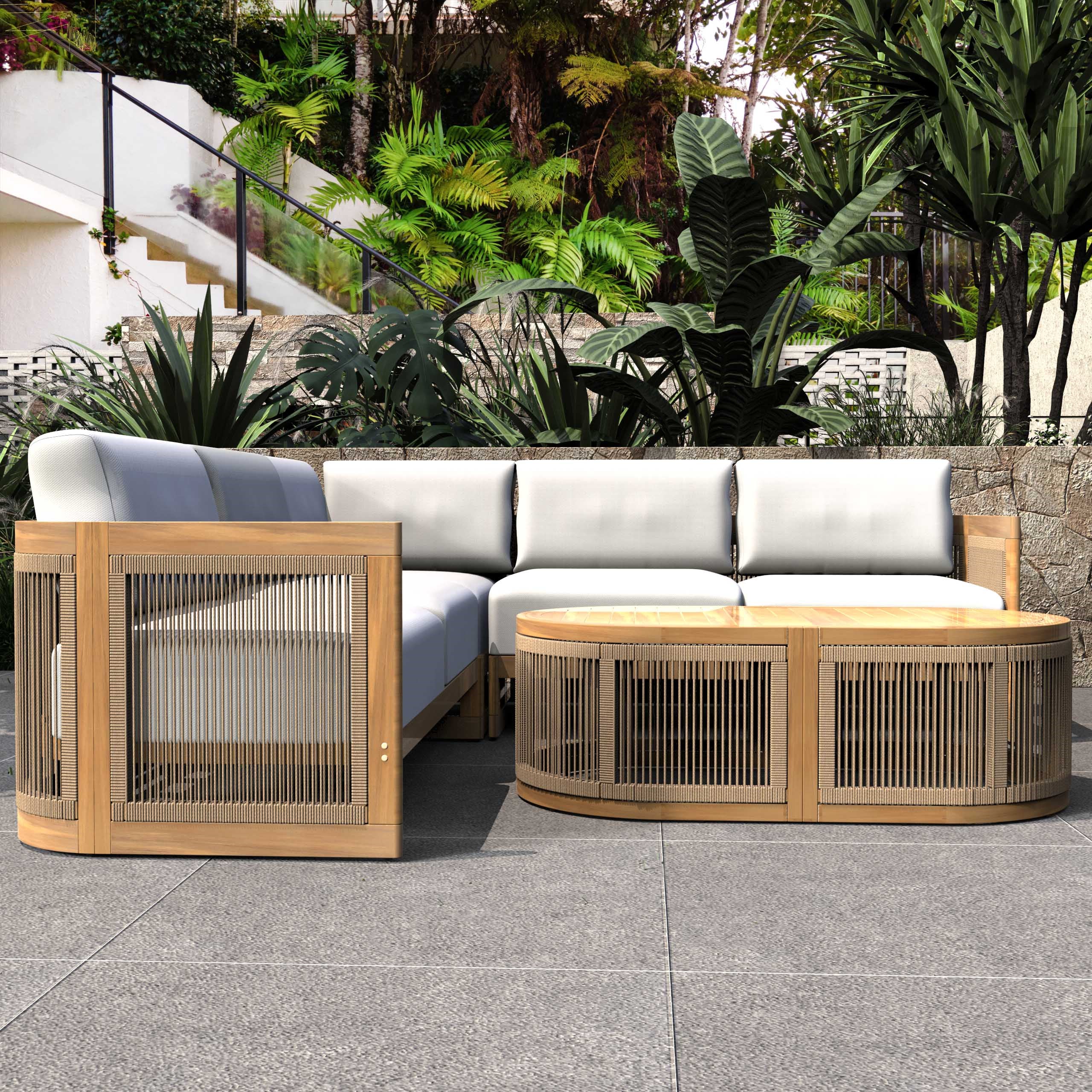 L-Shape 4-Seat Solid Acacia Modular Sofa Set with Oval Coffee Table (PAS-2516-LS+CS+RS+OTA)