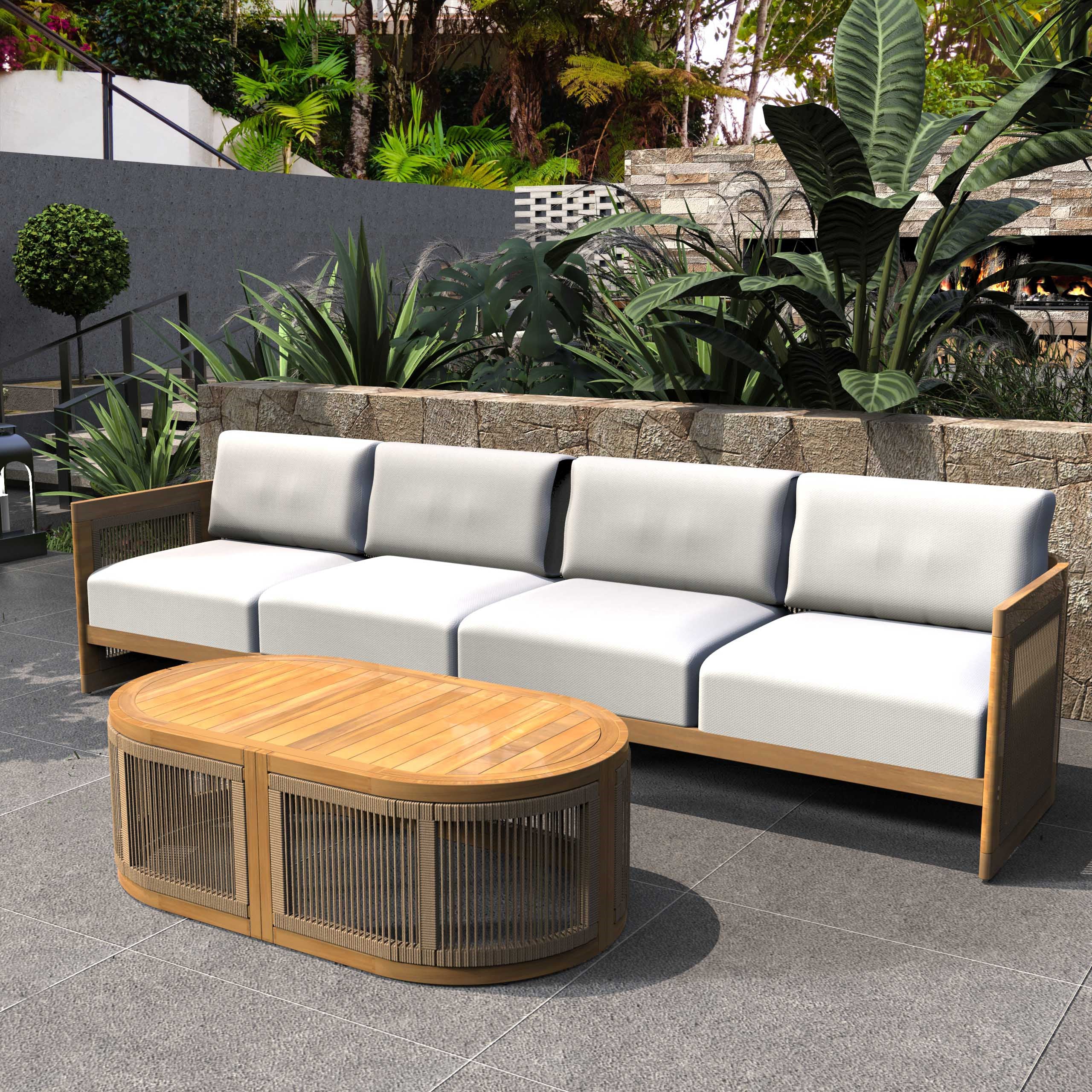 Solid Acacia 4-Seat Sofa with Oval Coffee Table (PAS-2516-LS+RS+OTA)