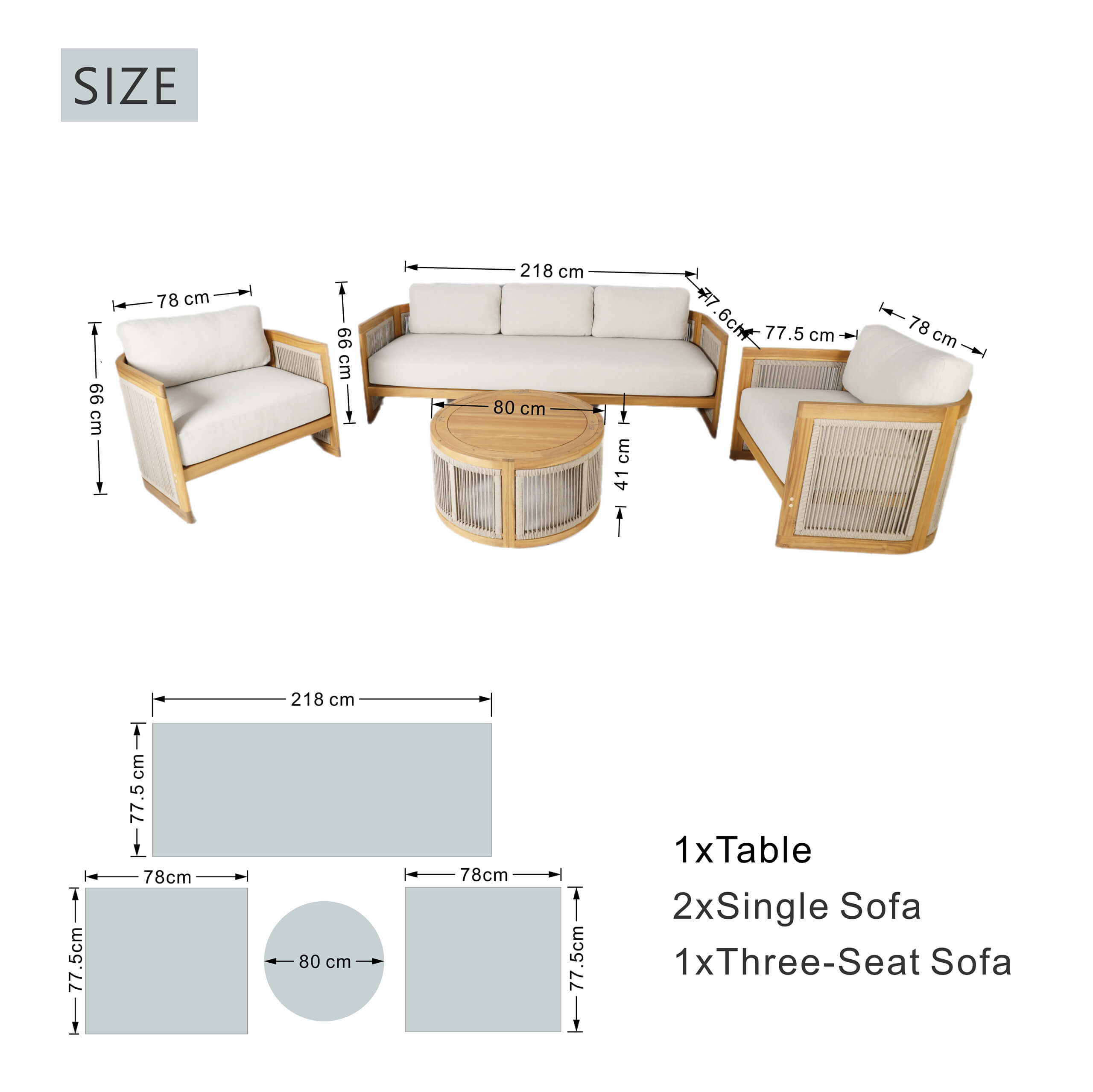 Solid Acacia 5-Seat Sofa Set with Round Coffee Table (PAS-2515-3SS+SSx2+RTA)