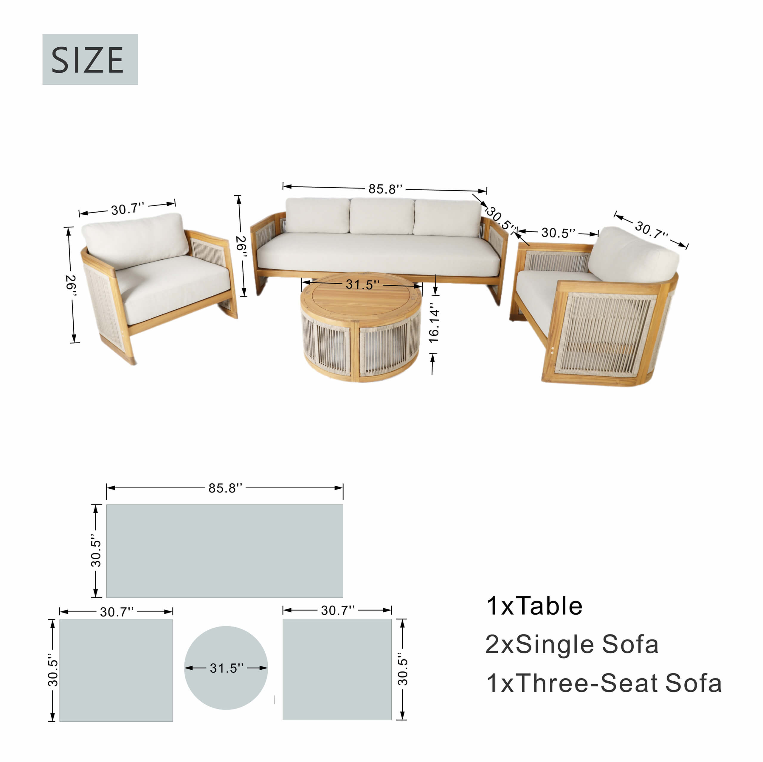 Solid Acacia 5-Seat Sofa Set with Round Coffee Table (PAS-2515-3SS+SSx2+RTA)