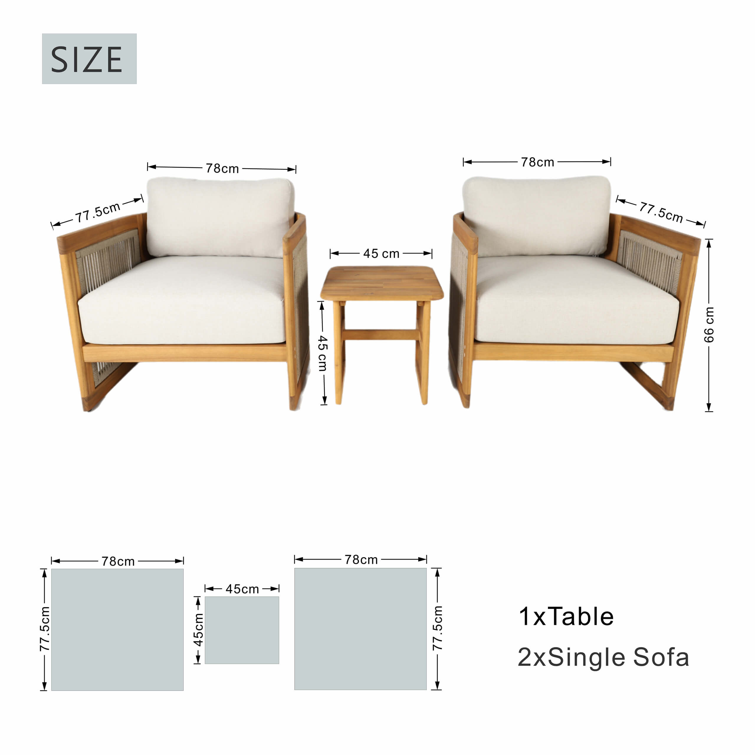 Solid Acacia 2-Seat Sofa Set with Side Table (PAS-2515-SSx2+ST)