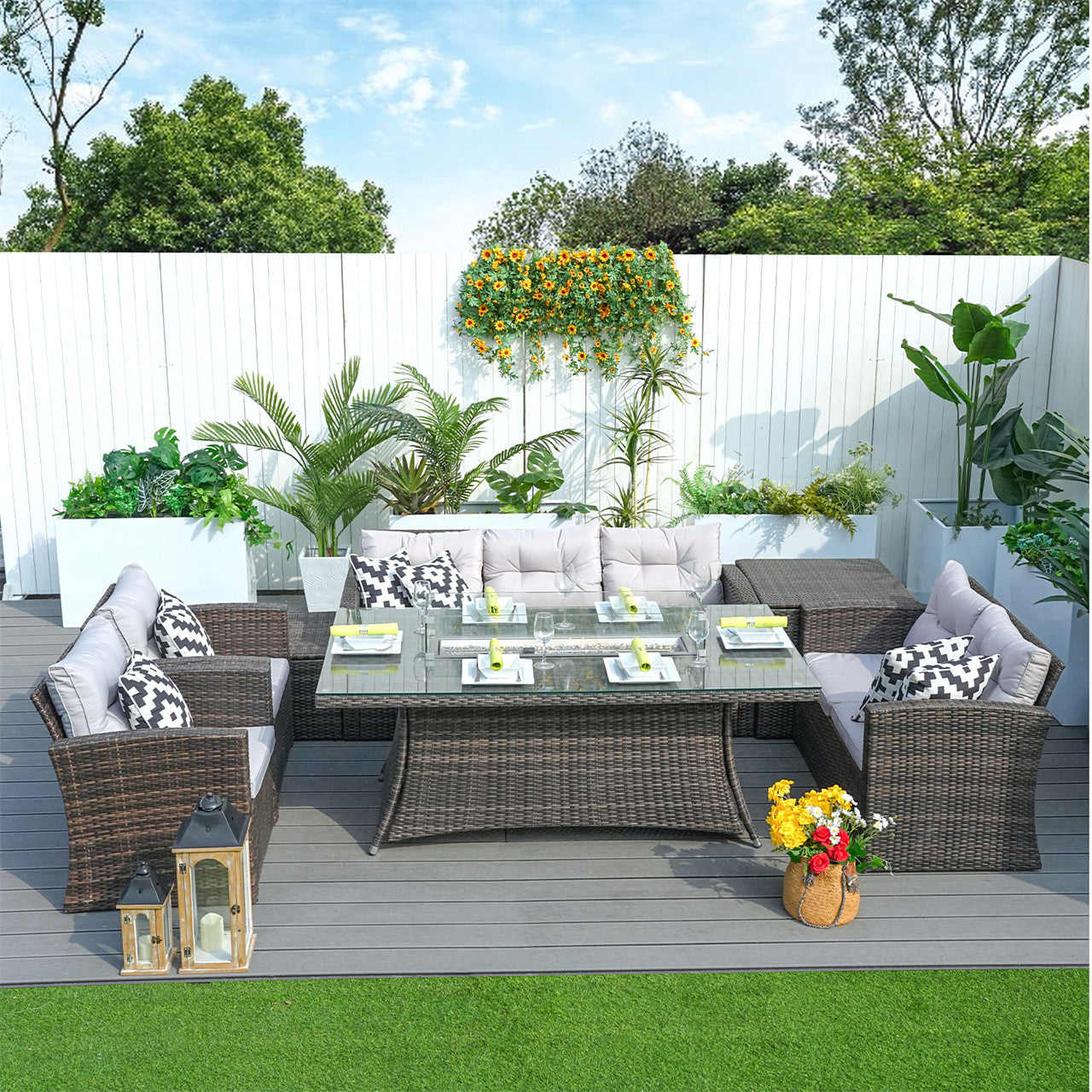 Patio Perfection: The Ultimate Outdoor Experience with the Rectangular Fire Pit Glass Tabletop Furniture Set (PAG-1503+1106R)