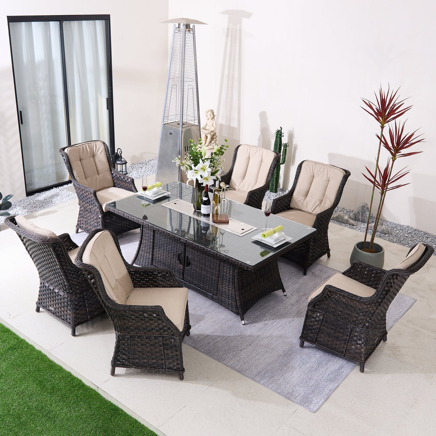 Elevate Your Outdoor Living with the 6-Person Rectangular Rattan Fire Pit Table Set