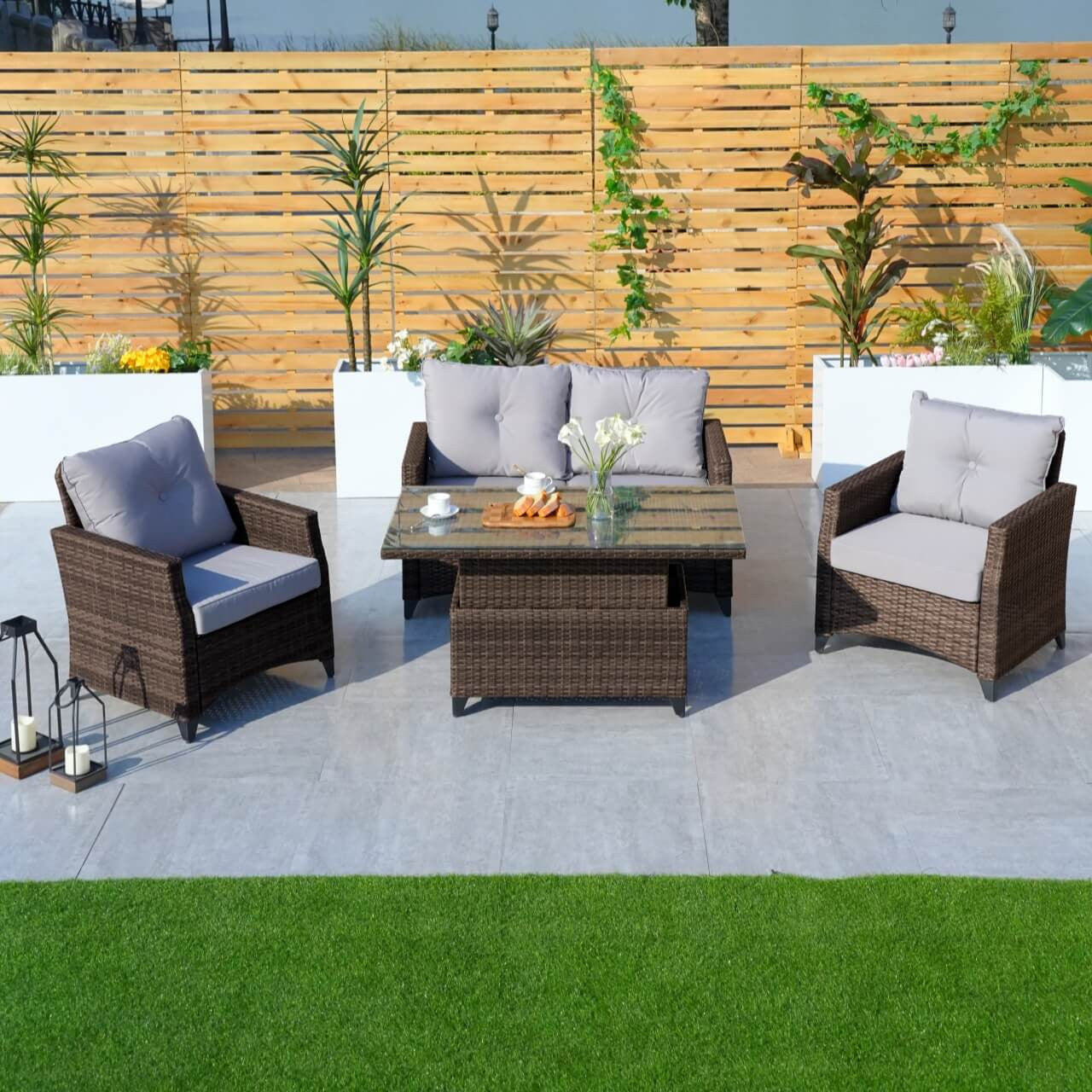 For an exclusive outdoor space, this sofa set with teak inlaid armrests is not to be missed