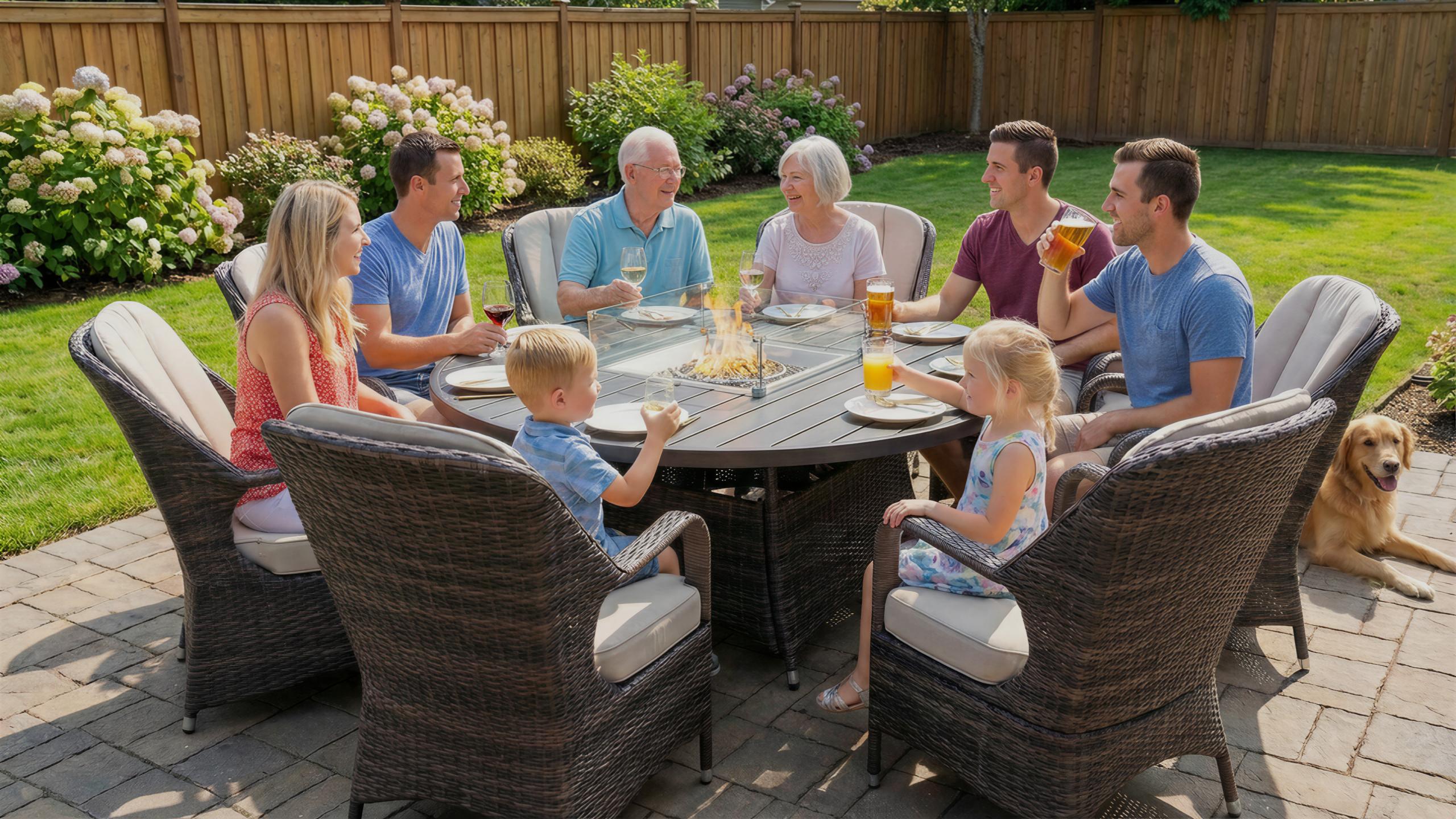 A happy family is relaxing with the Direct Wicker 8-Seater Fire Pit Set