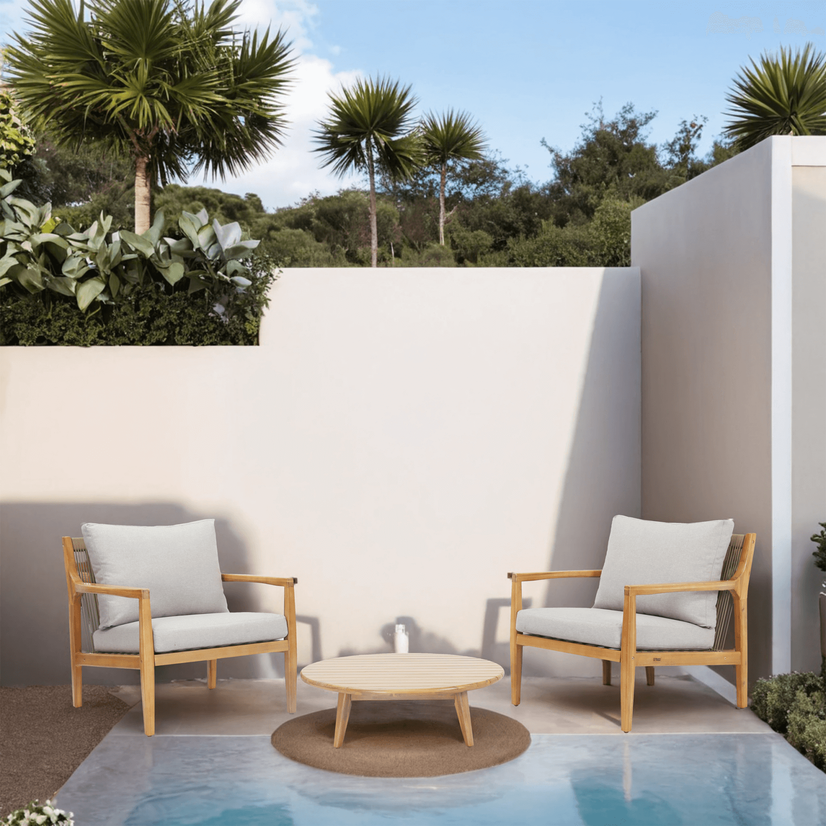 Rebel 2-Seat Wood Patio Conversation Set with Footstool (PAS-2513-SC*2+ST)