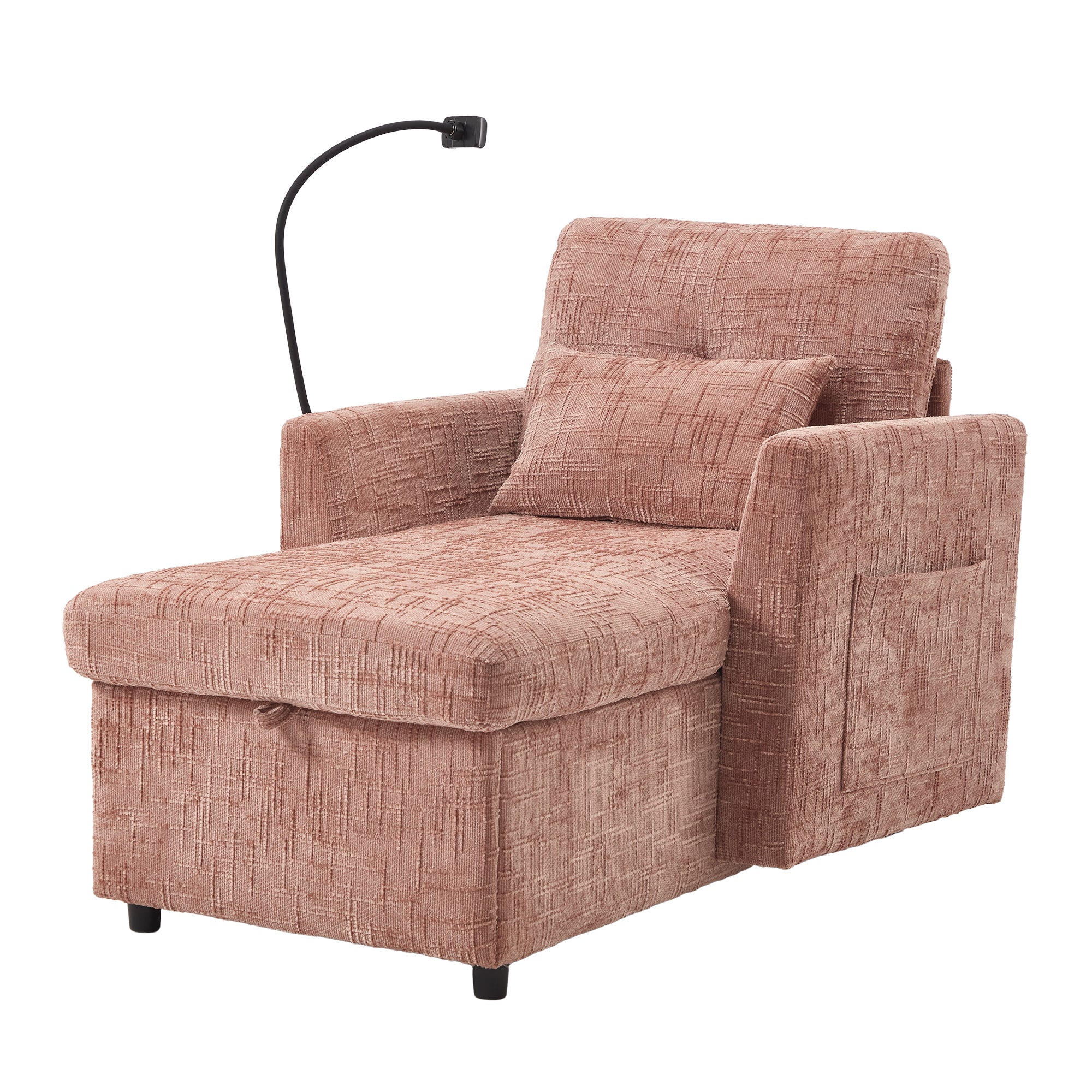 Multifunctional Lazy Person Sofa Recliner with Storage Backrest and Cell Phone Bracket in Pink Chenille for Living Room and Bedroom