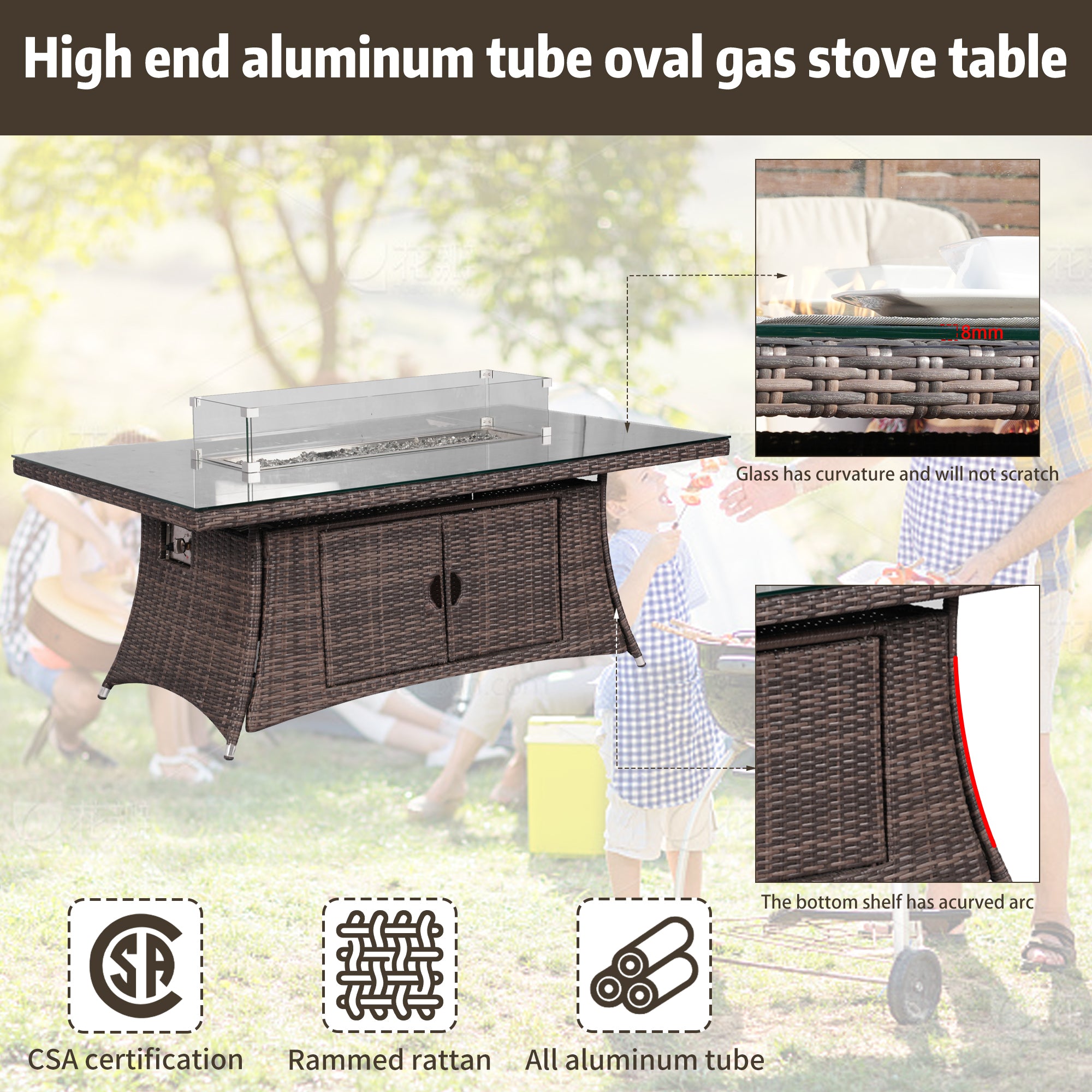 6-Person Rectangular Rattan Fire Pit Table Set (PAC-010+1106R)