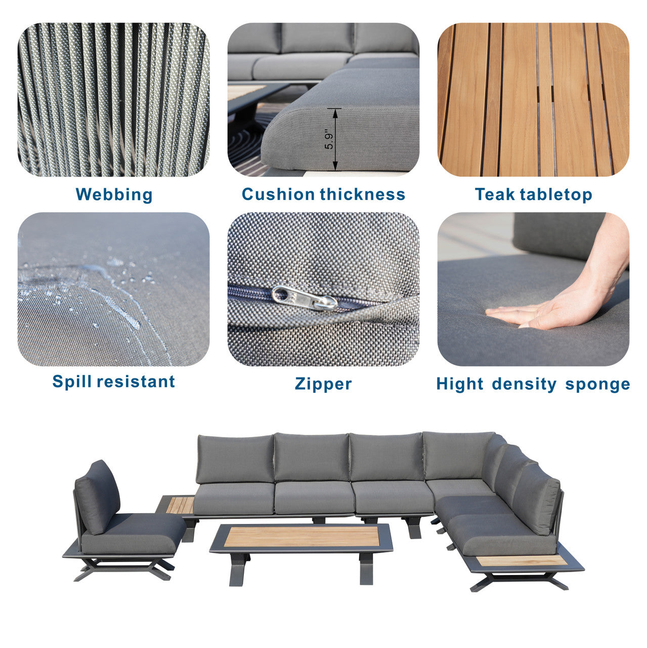 High-grade teak handrails aluminum dew pipe sofa garden set