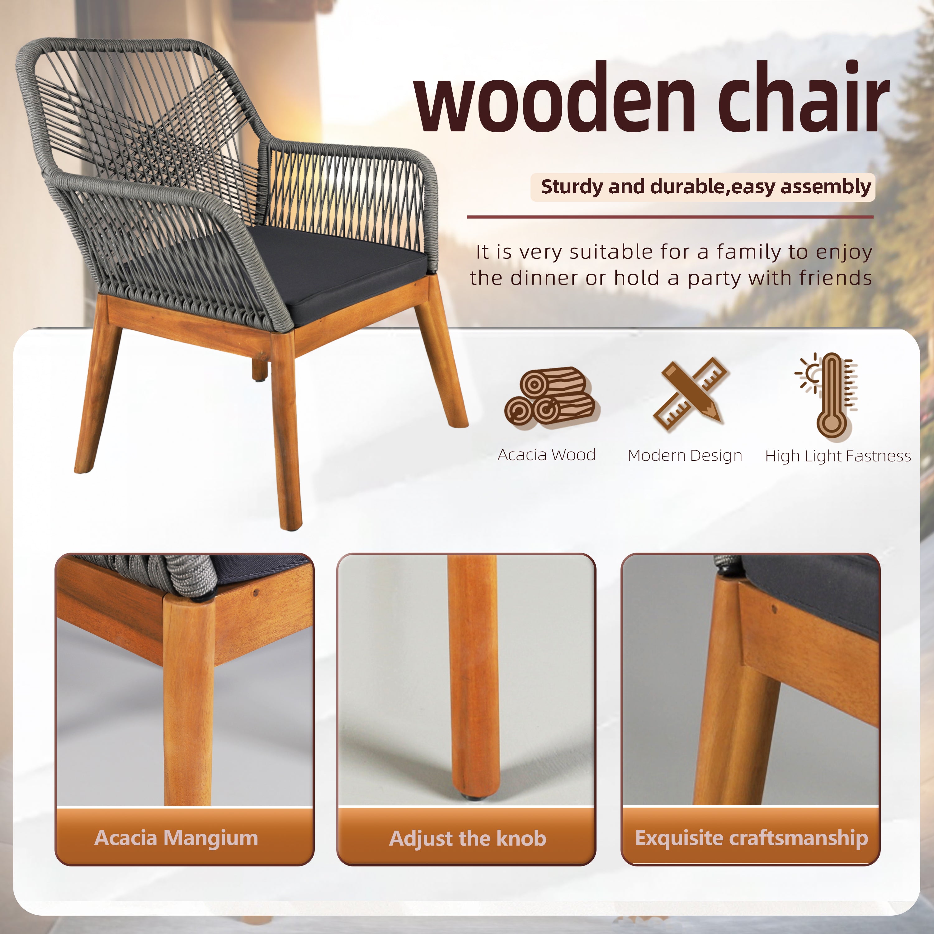 2-Pack Solid Acacia Wood Armchairs with Cushions – Indoor/Outdoor Dining Chairs