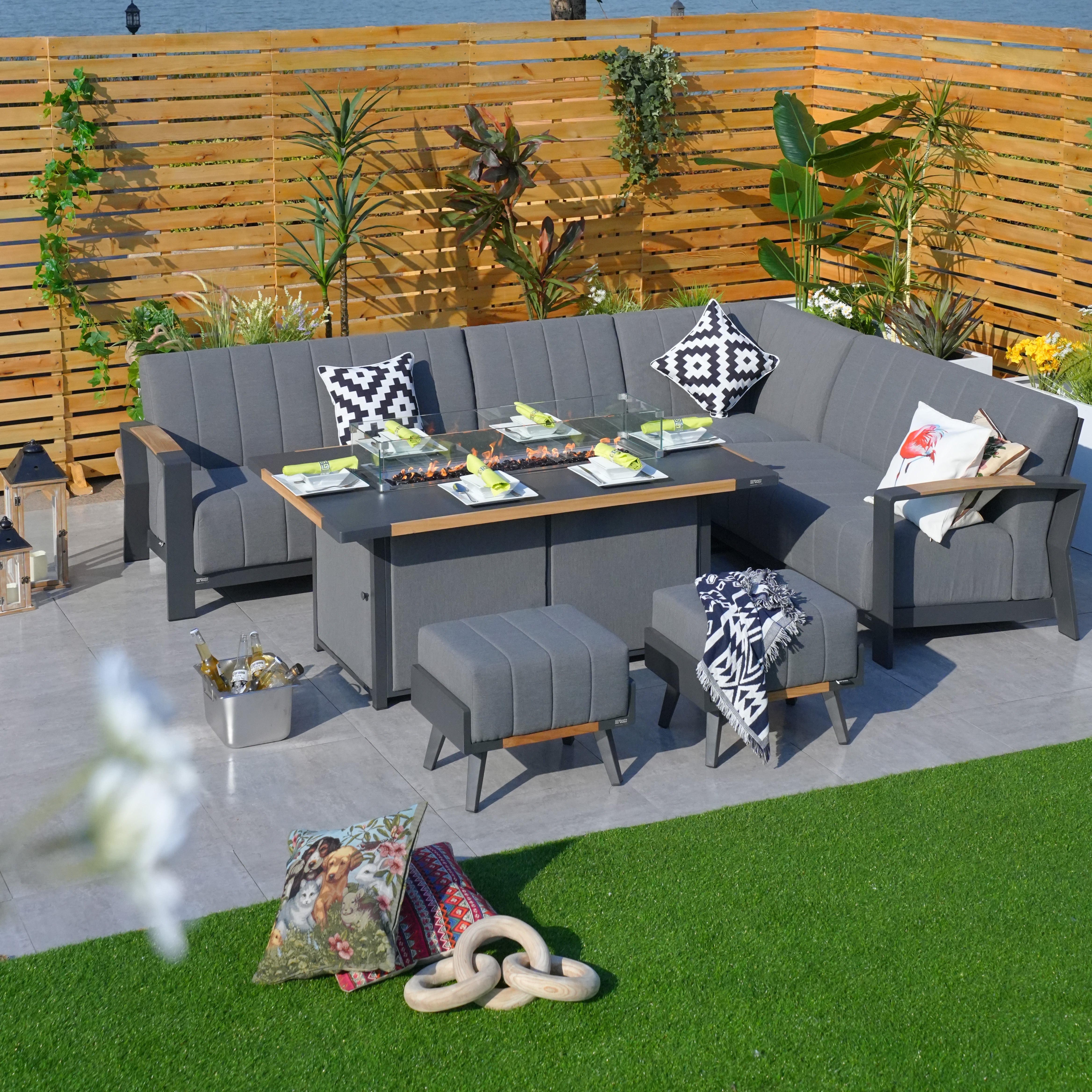Aluminum Patio and Garden Fire Pit Seating Set with Gray Cushion