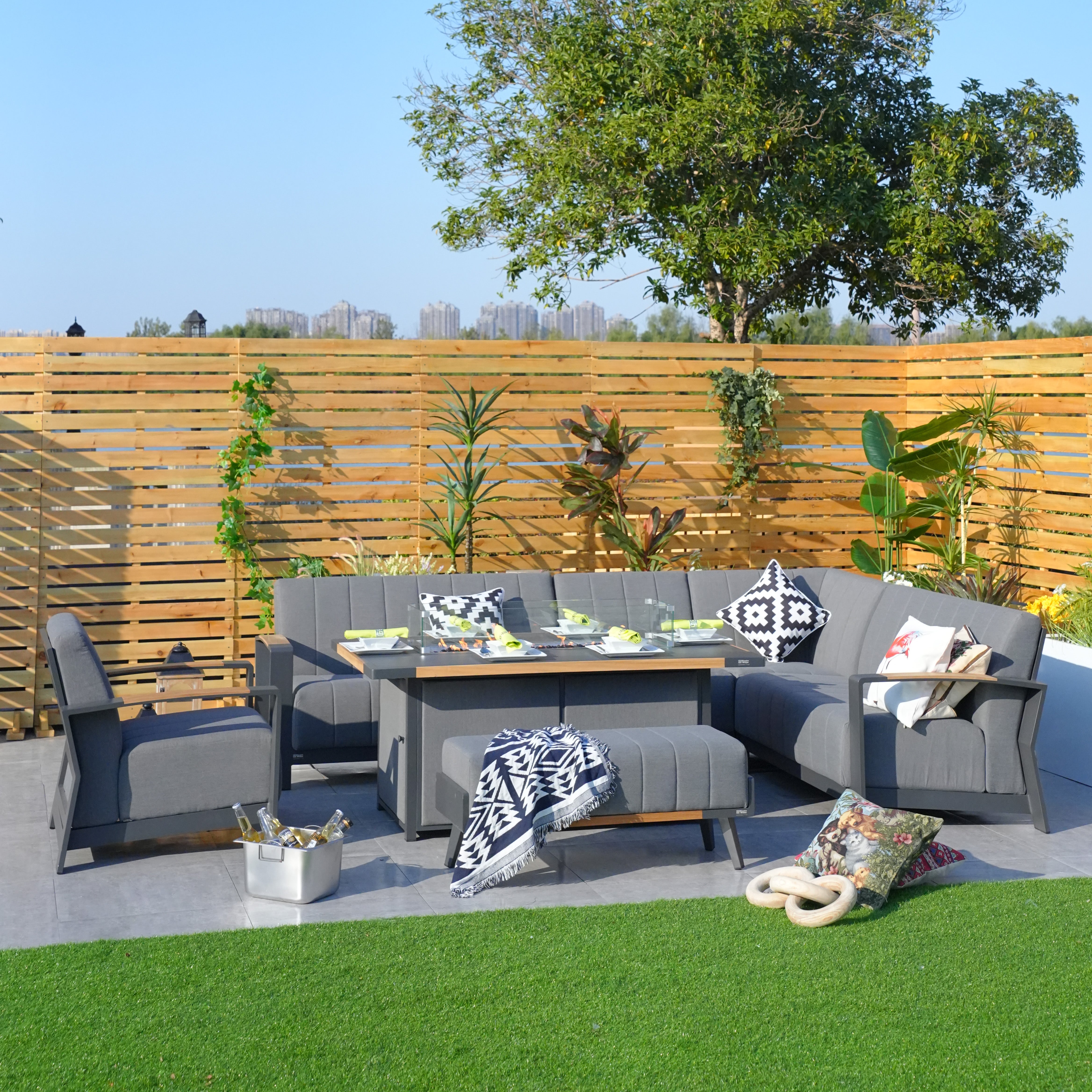 Aluminum Patio and Garden Fire Pit Seating Set with Gray Cushion