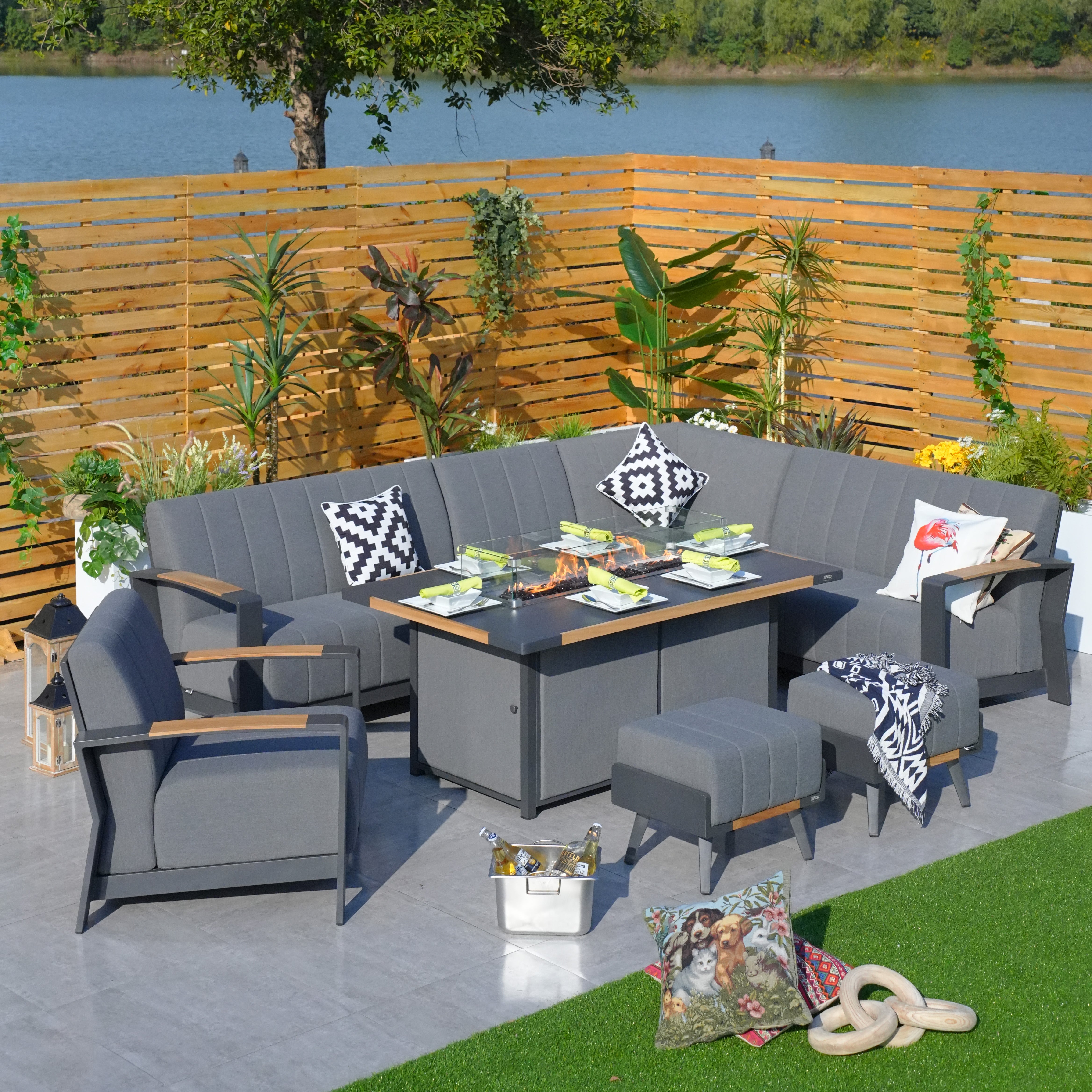 Aluminum Patio and Garden Fire Pit Seating Set with Gray Cushion