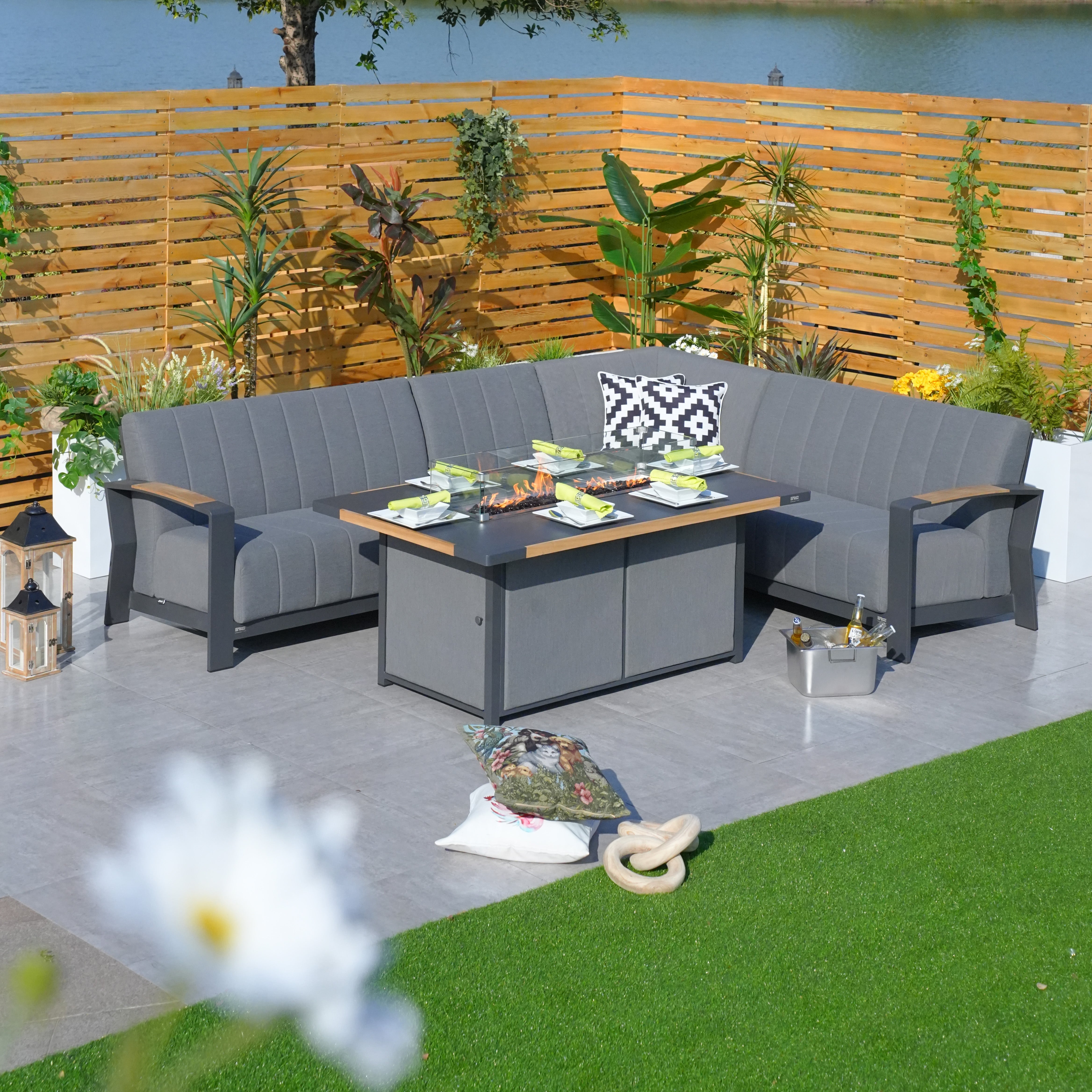 Aluminum Patio and Garden Fire Pit Seating Set with Gray Cushion