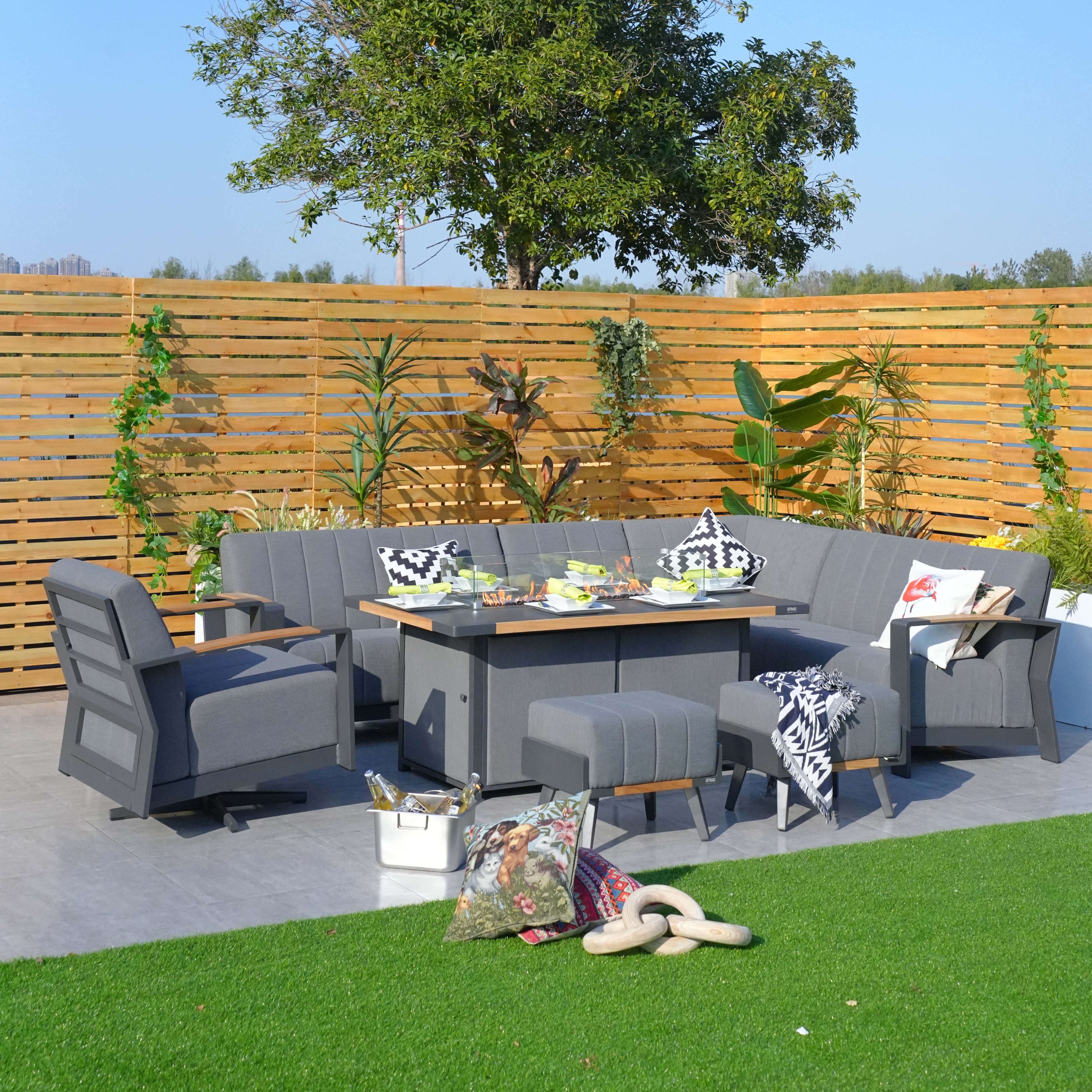 Aluminum Patio and Garden Fire Pit Seating Set with Gray Cushion