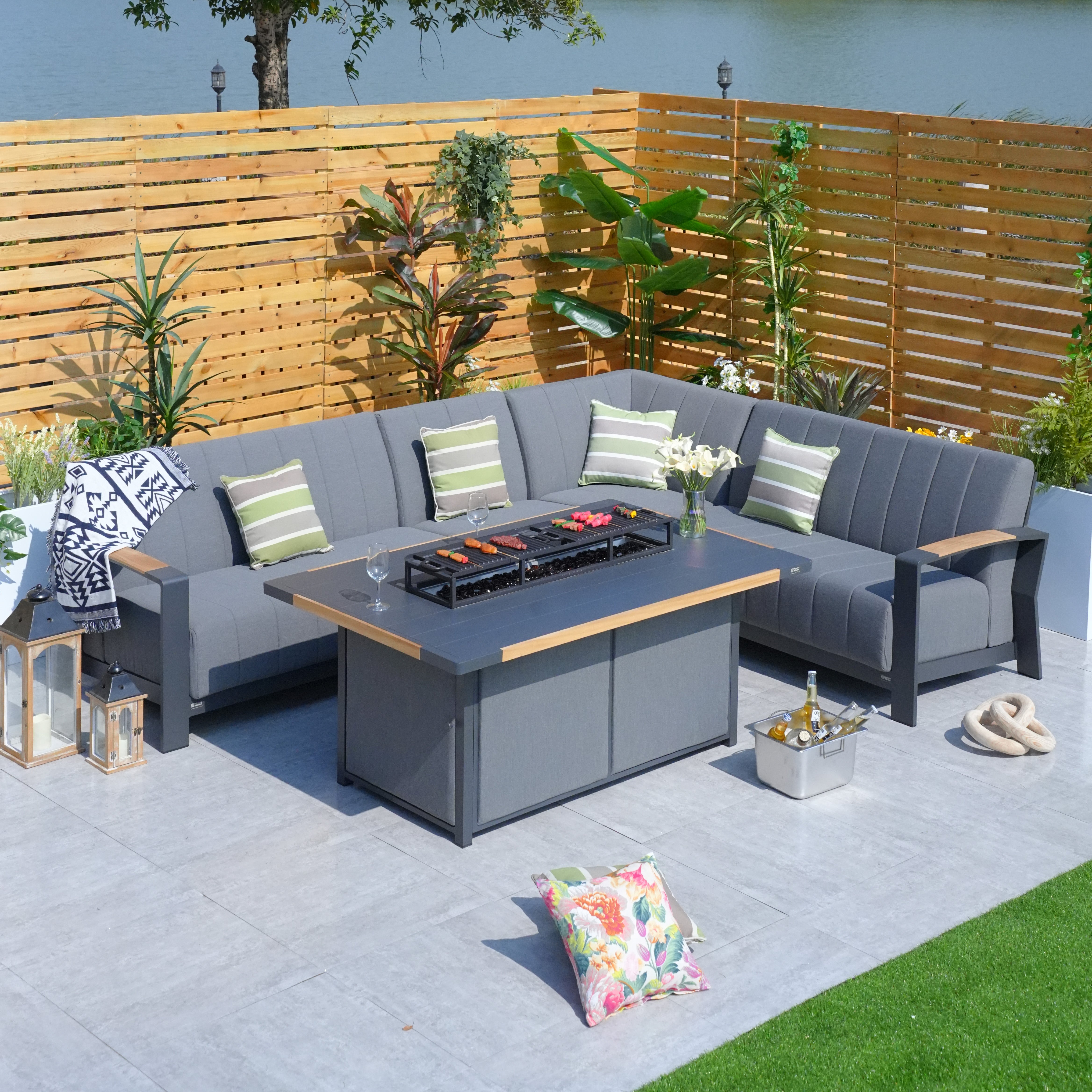 Aluminum Patio and Garden Fire Pit Seating Set with Gray Cushion