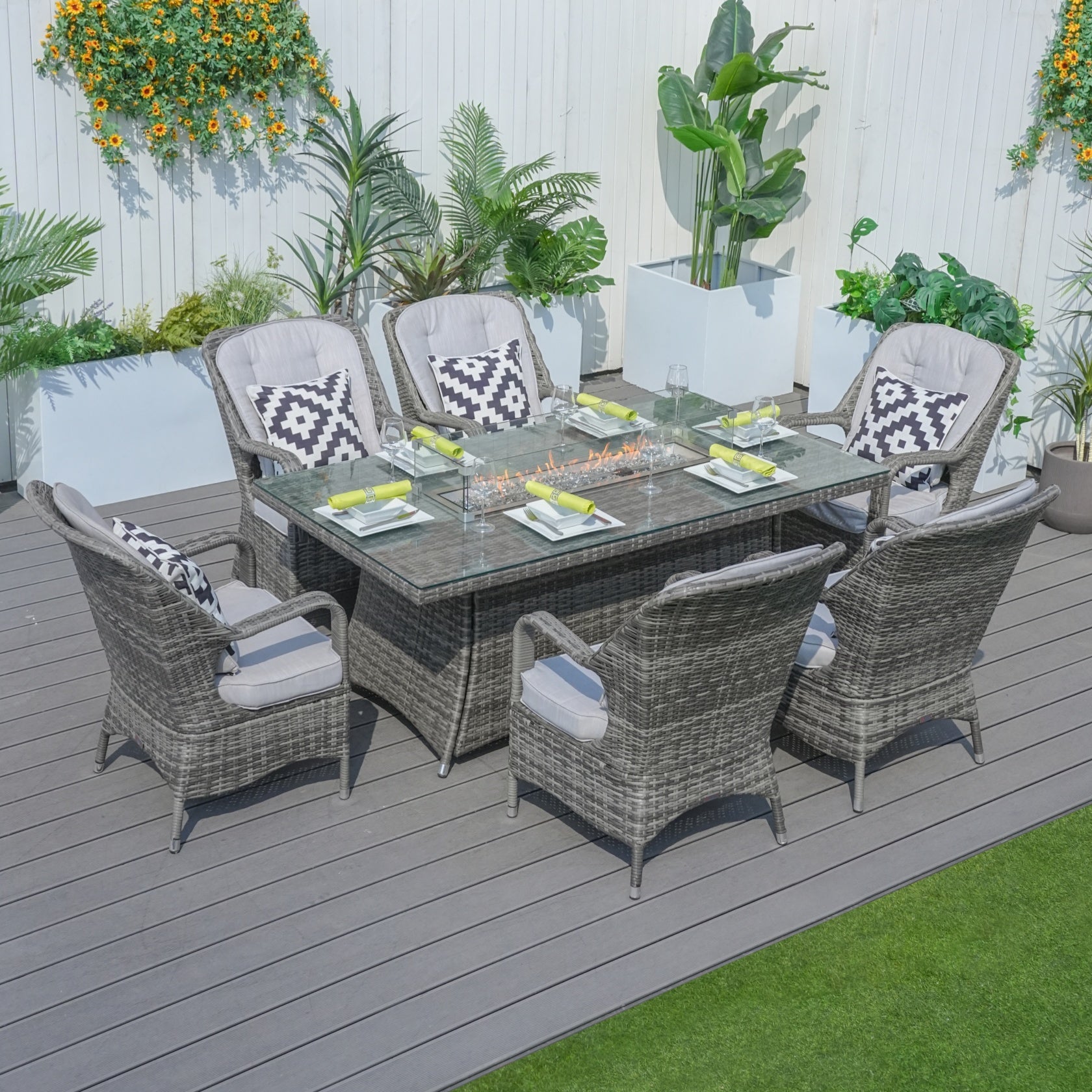 Parma 6-Seat Outdoor Fire Pit Dining Set – Rectangle Fire Pit Table (PAG-1106R)