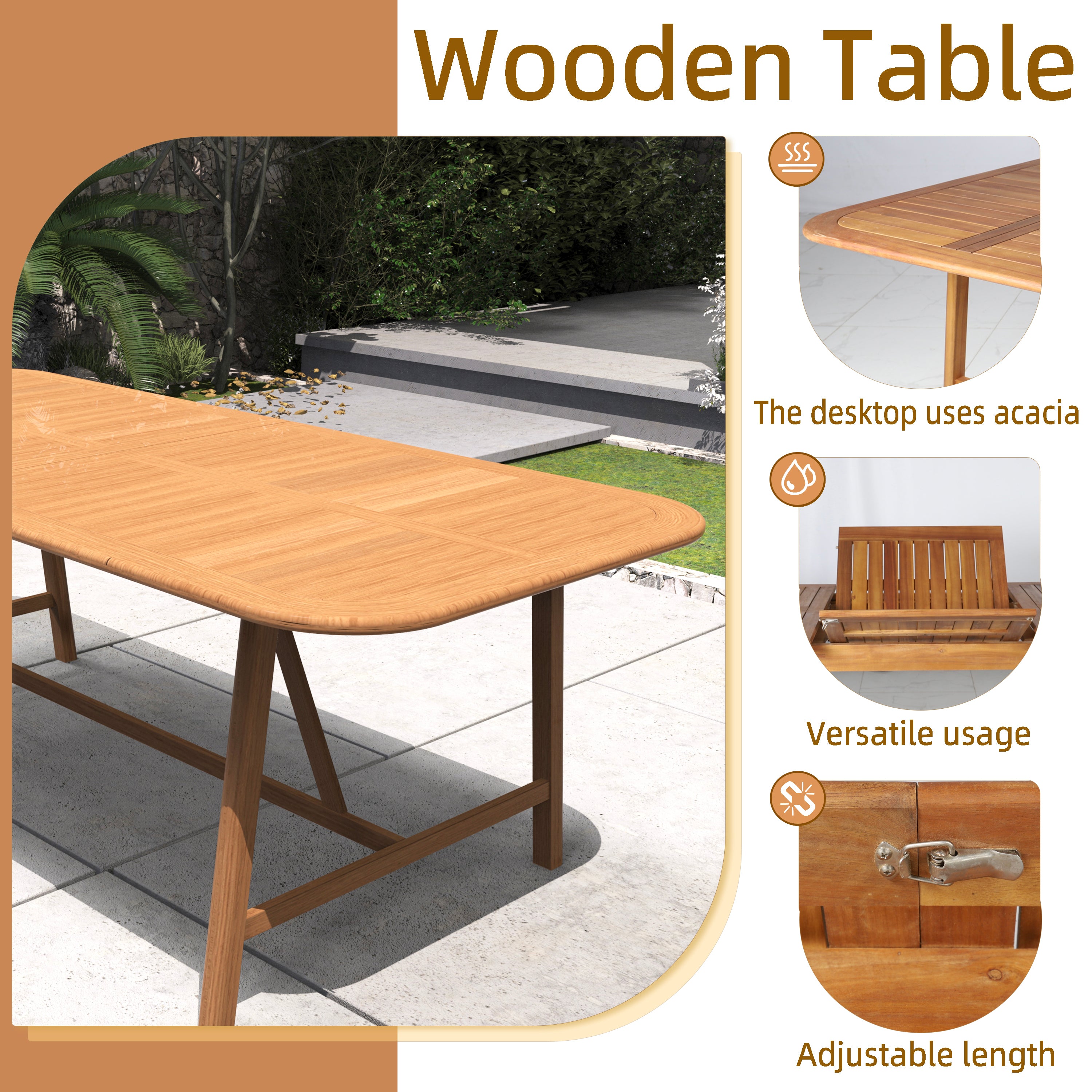 Expandable Solid Acacia Wood Dining Table – 86”–109” Rustic Outdoor Table