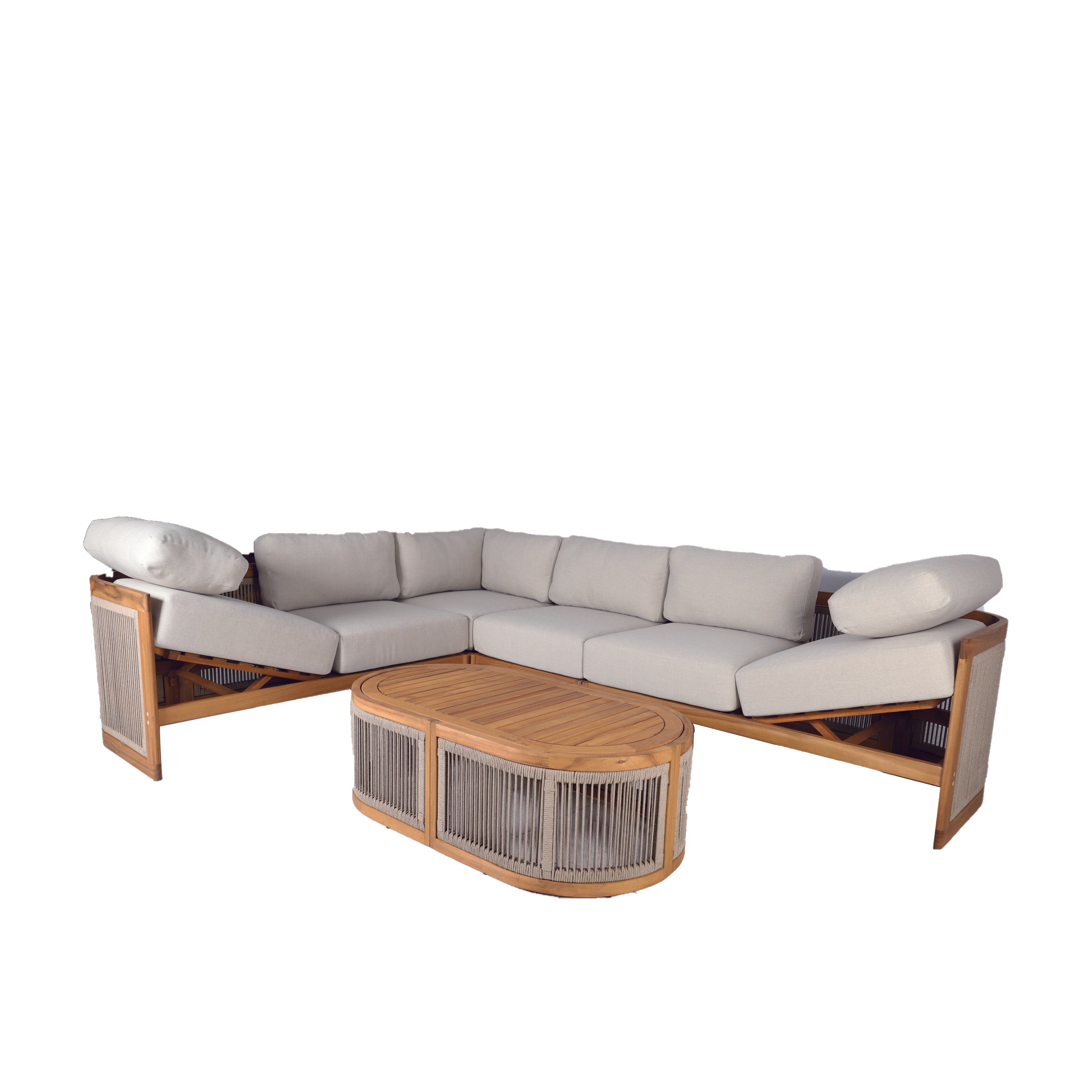 L-Shape 5-Seat Solid Acacia Modular Sofa Set with Cushions –  Lounge Configuration (PAS-2516-LS+CS+MS+RS+OTA)