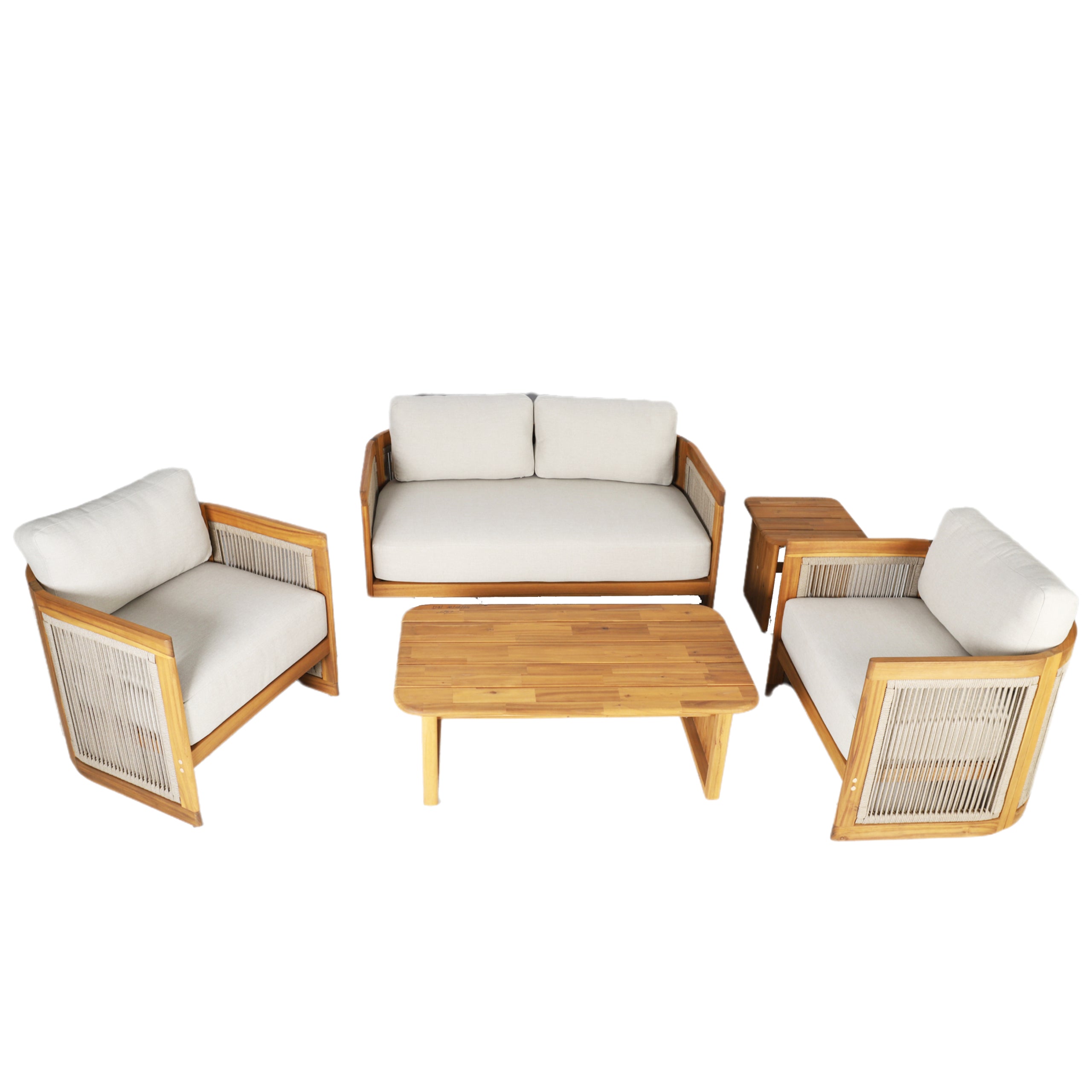 Solid Acacia 4-Seat Sofa Set with Side Table and Coffee Table (PAS-2515-2SS+SSx2+ST+TA)