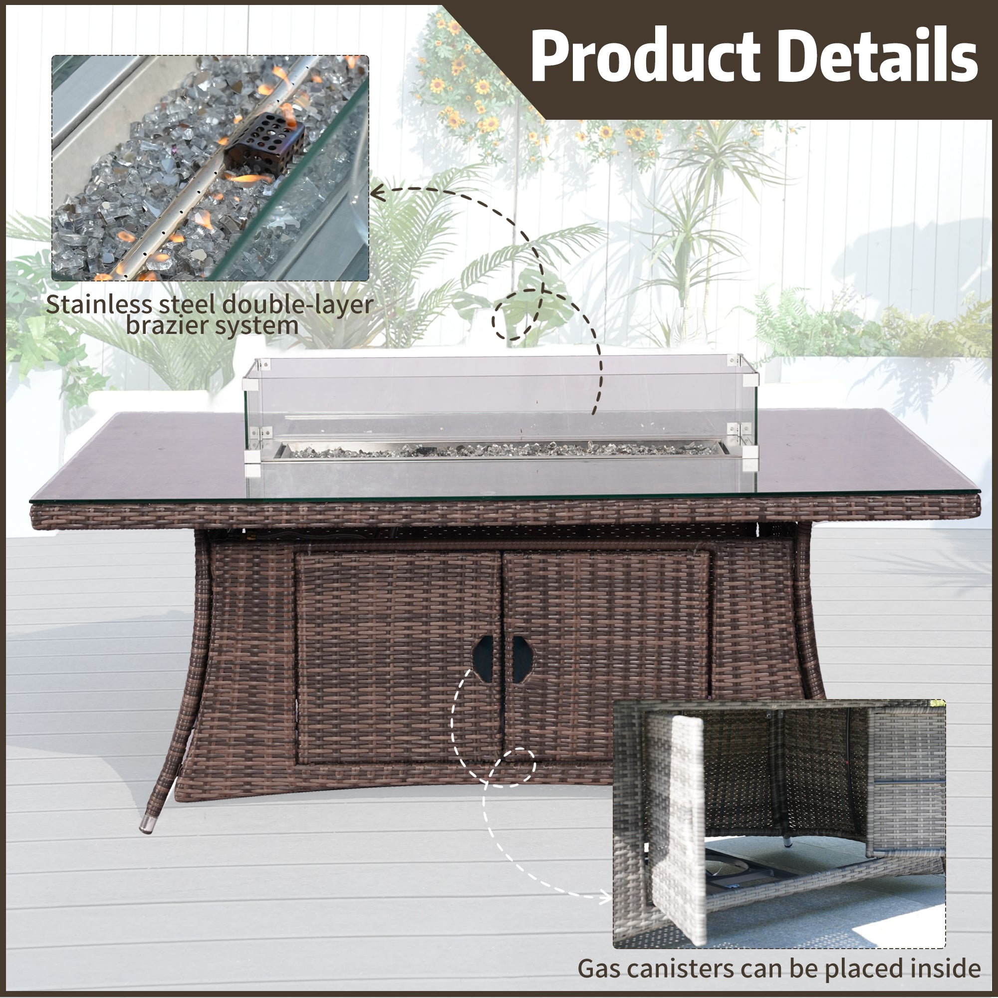 6-Person Rectangular Rattan Fire Pit Table Set (PAC-010+1106R)