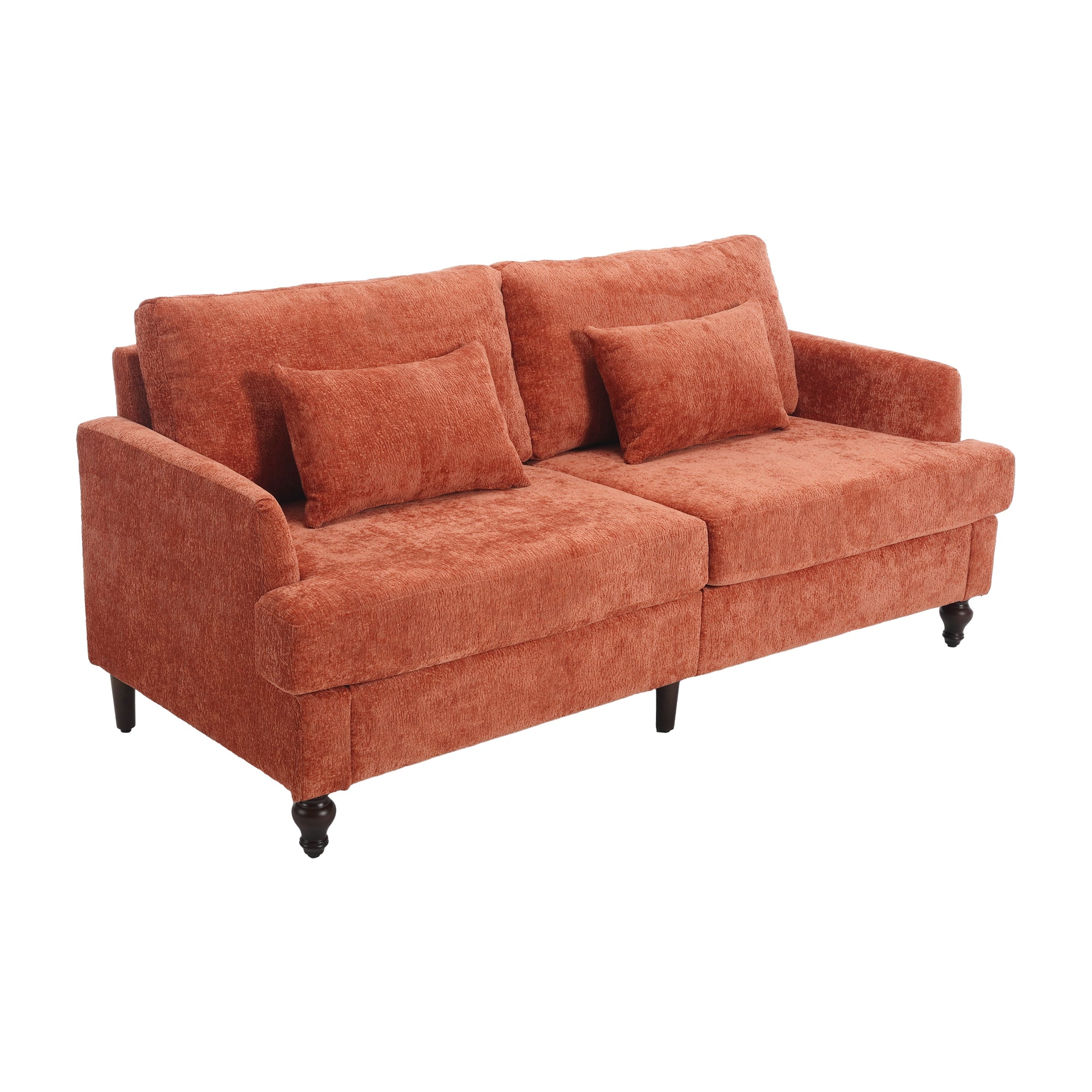 Mid Century Modern Chenille Fabric Loveseat Sofa with Brown Wood Feet, 2-Seat Upholstered Couch in Orange for Living Room or Bedroom