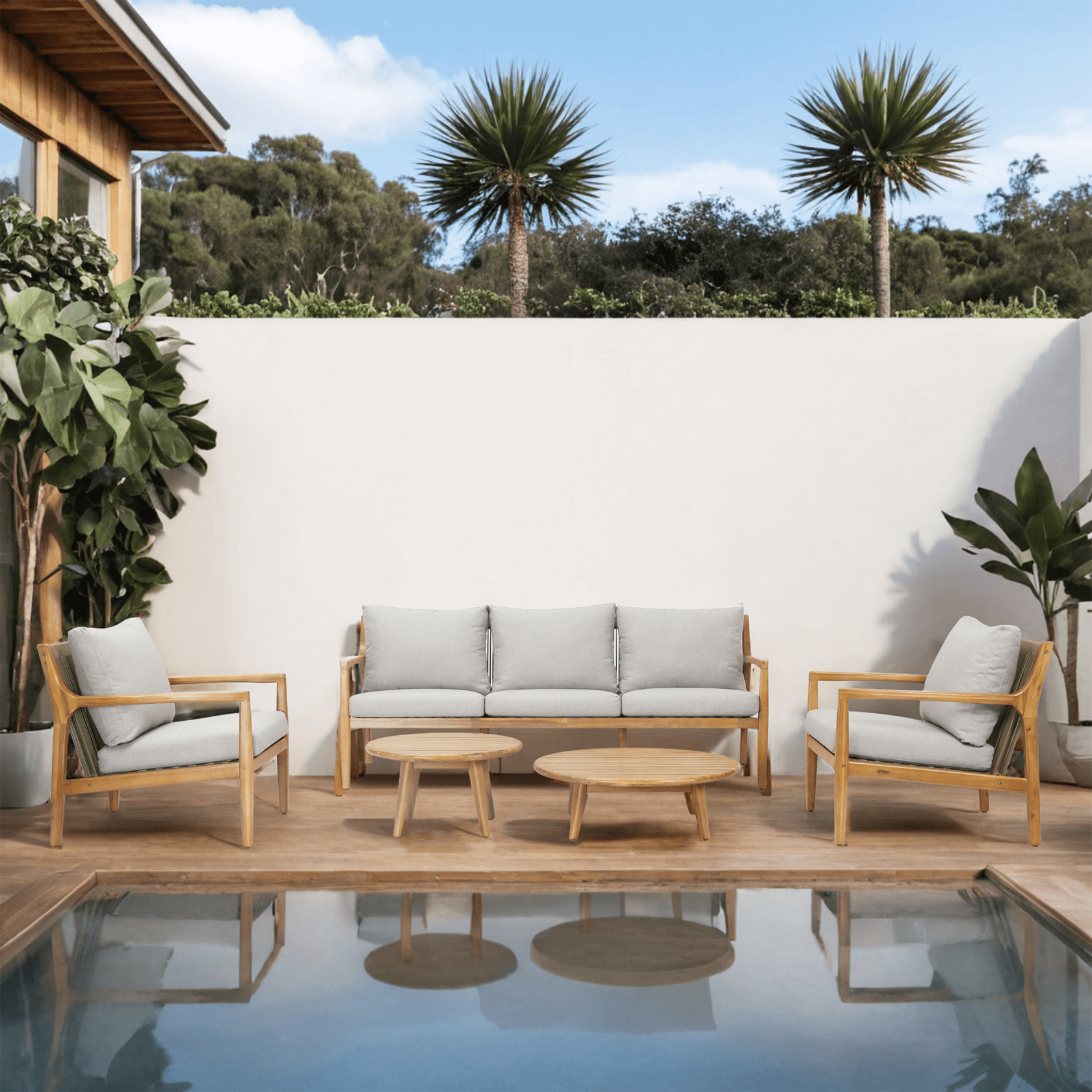 Rebel 5-Seat Wood Patio Conversation Set with Footstool(PAS-2513-3SC+SC*2+TA+ST)