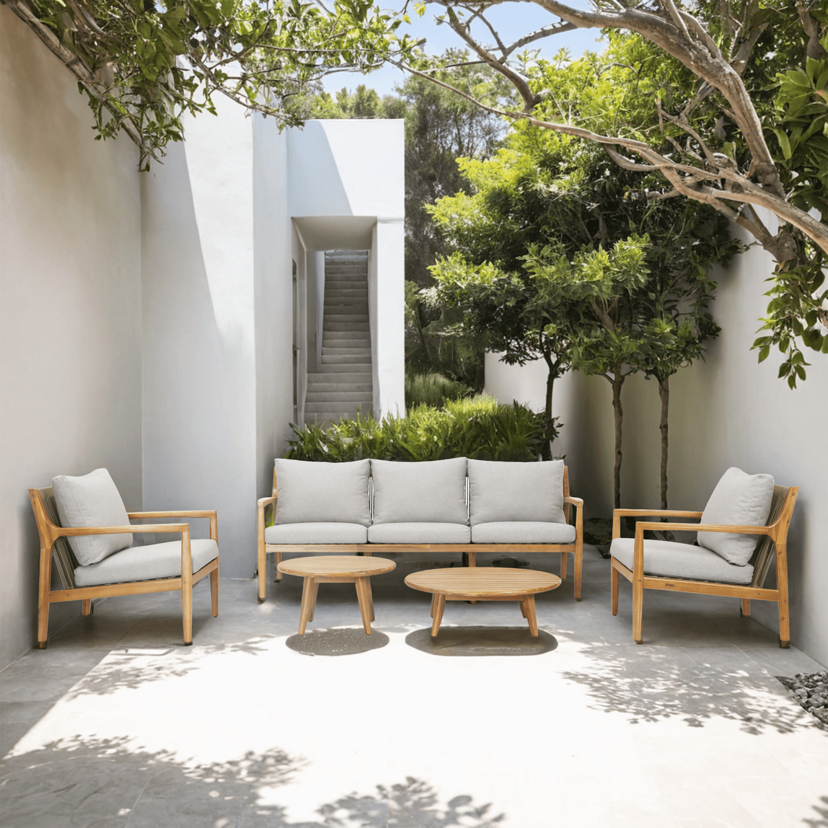 Rebel 5-Seat Wood Patio Conversation Set with Footstool(PAS-2513-3SC+SC*2+TA+ST)