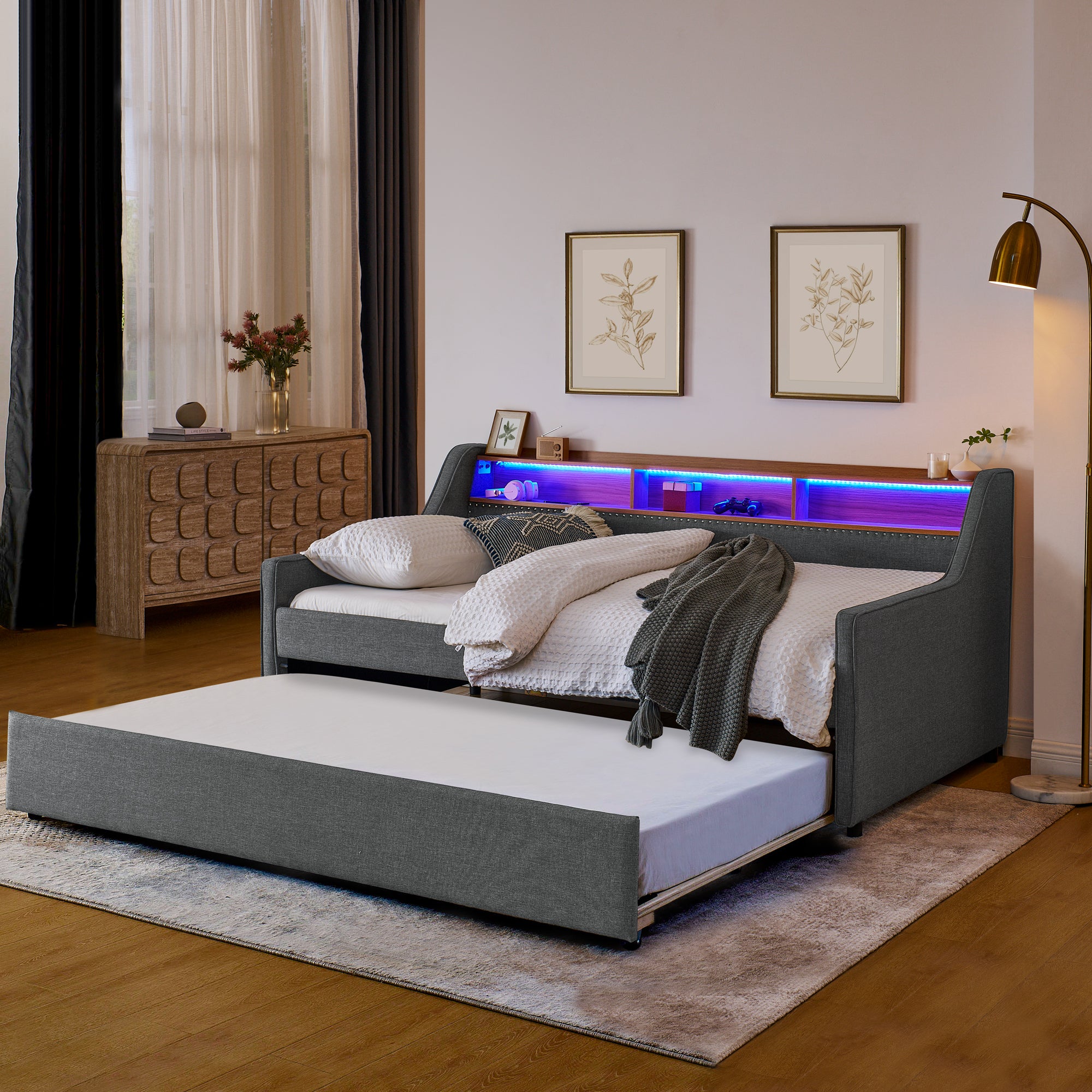 Twin Size Upholstery Sofa Bed with Three LED lights, with Storage Adjustable Headboard, with Foldable Leg Pull up Trundle Bed and Wireless Charging, Linen Padded Sofa Bed frame, Grey