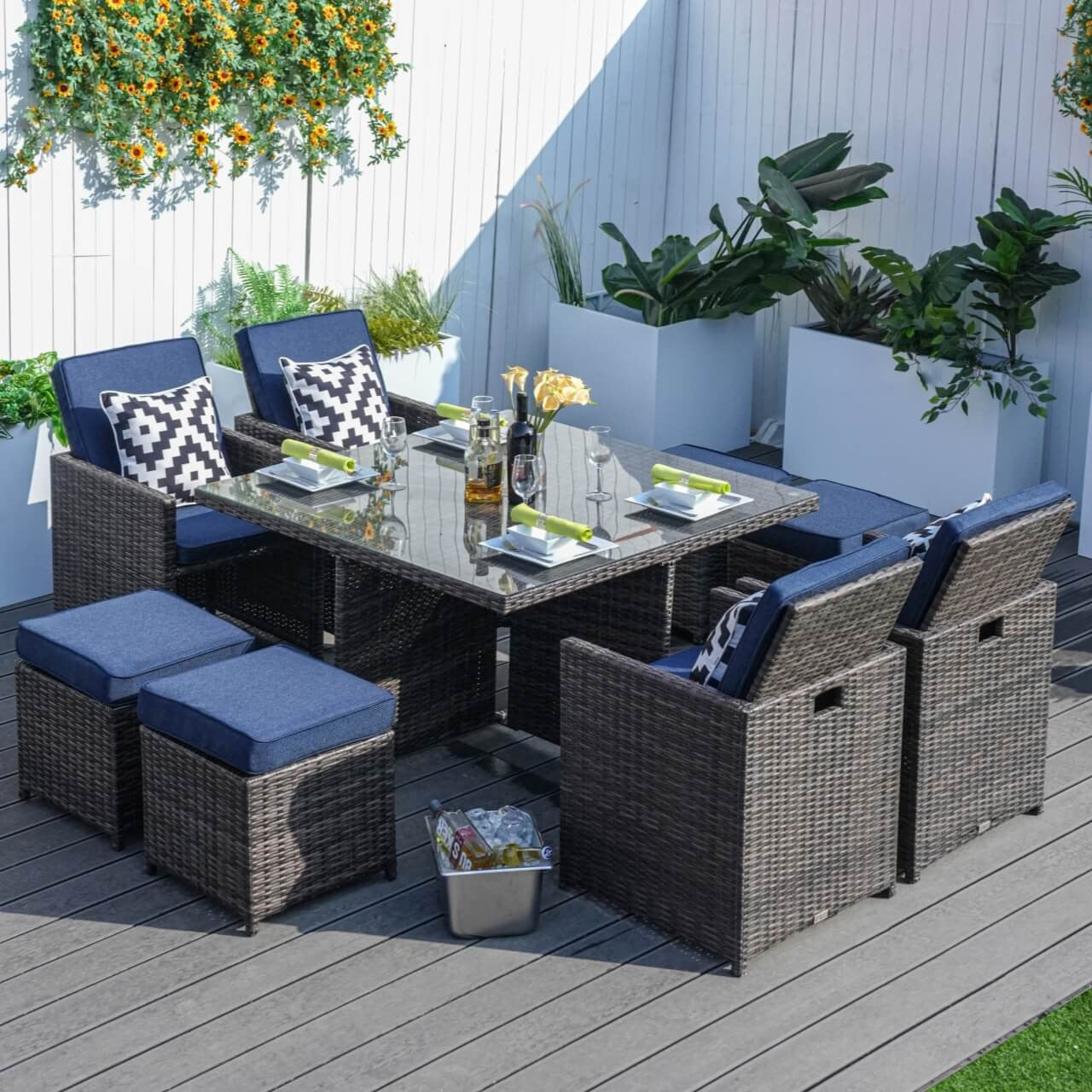 4 Seats Square Outdoor Patio Dining Set PAD-3233B  with Blue Cushion Covers