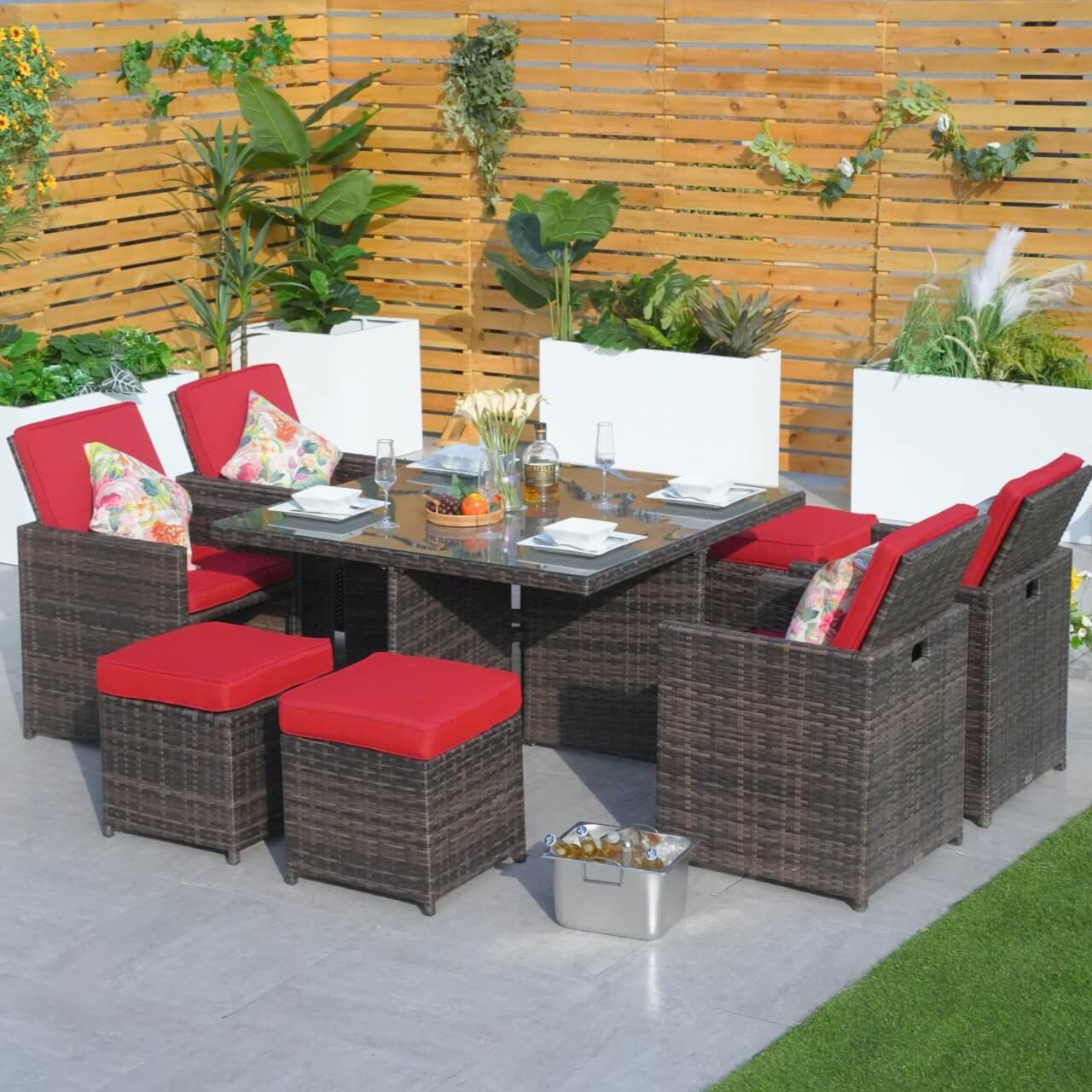 4 Seats Square Outdoor Patio Dining Set PAD-3233B  with Red Cushion Covers