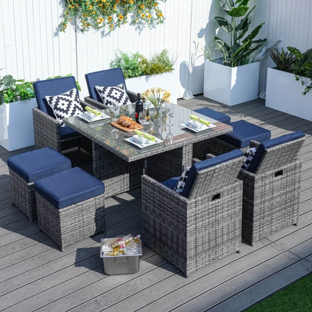 4 Seats Square Outdoor Patio Dining Set PAD-3233B  with Blue Cushion Covers