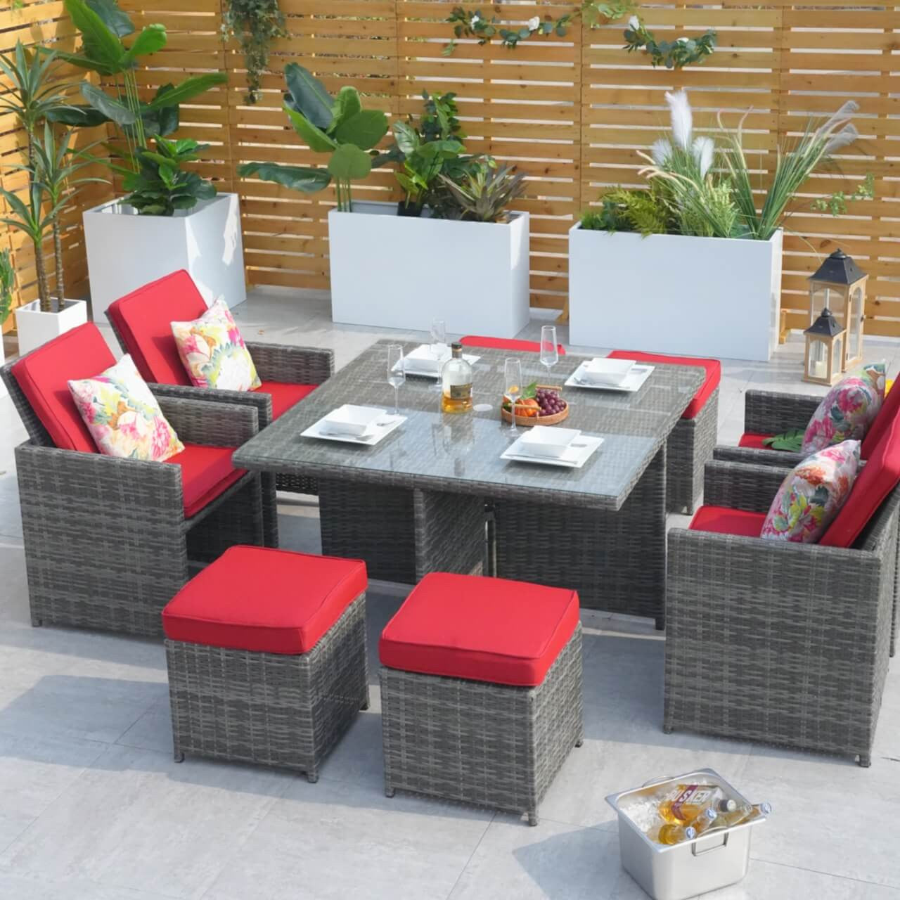 4 Seats Square Outdoor Patio Dining Set PAD-3233B  with Red Cushion Covers