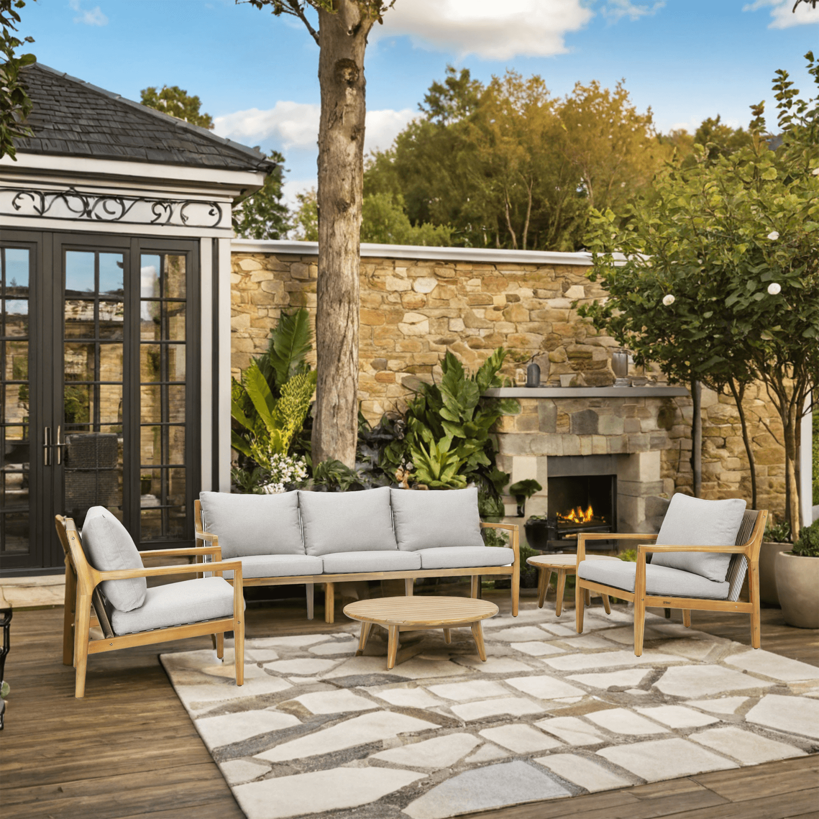 Rebel 5-Seat Wood Patio Conversation Set with Footstool(PAS-2513-3SC+SC*2+TA+ST)