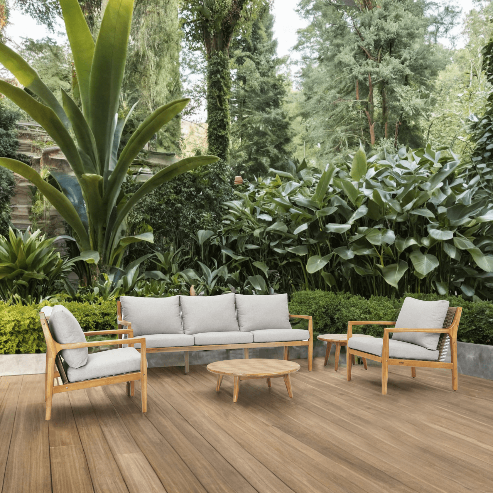 Rebel 5-Seat Wood Patio Conversation Set with Footstool(PAS-2513-3SC+SC*2+TA+ST)